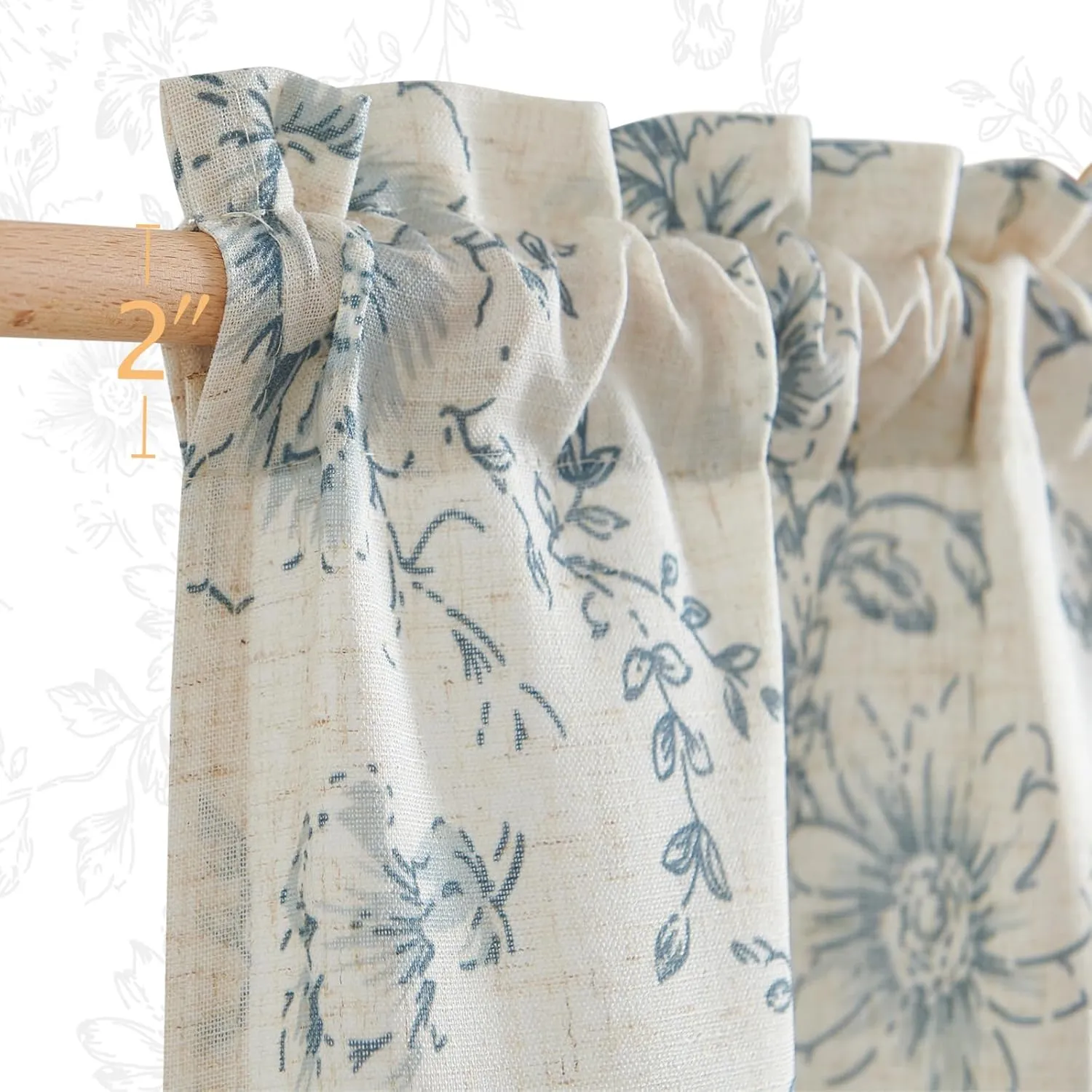 jinchan Floral Kitchen Curtains Set Linen Tier Curtains and Valance Farmhouse Drapes for Small Windows 36 Inch Length for Cafe Living Room Bathroom Rod Pocket 3 Pieces Set Blue on Beige