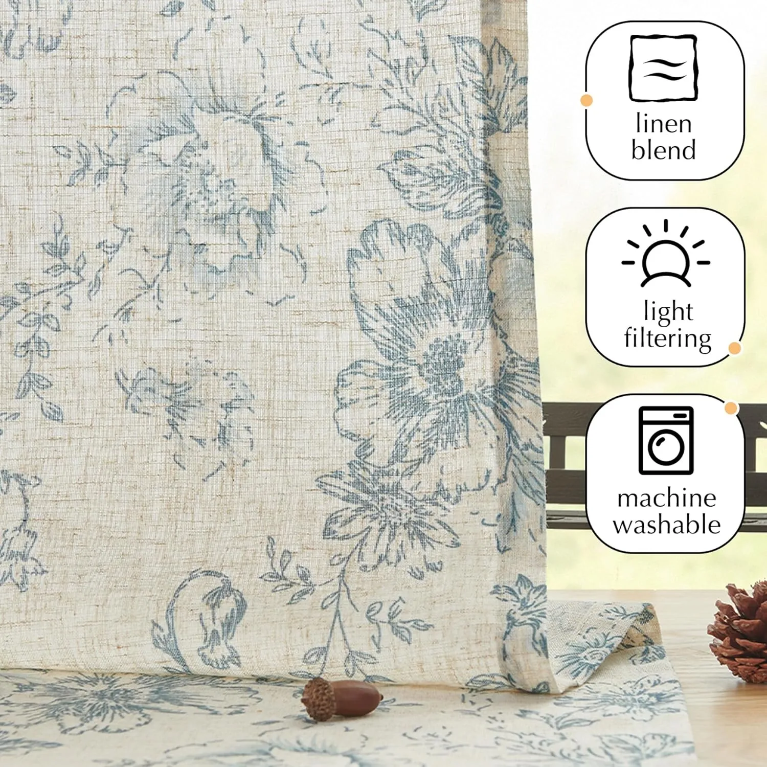 jinchan Floral Kitchen Curtains Set Linen Tier Curtains and Valance Farmhouse Drapes for Small Windows 36 Inch Length for Cafe Living Room Bathroom Rod Pocket 3 Pieces Set Blue on Beige