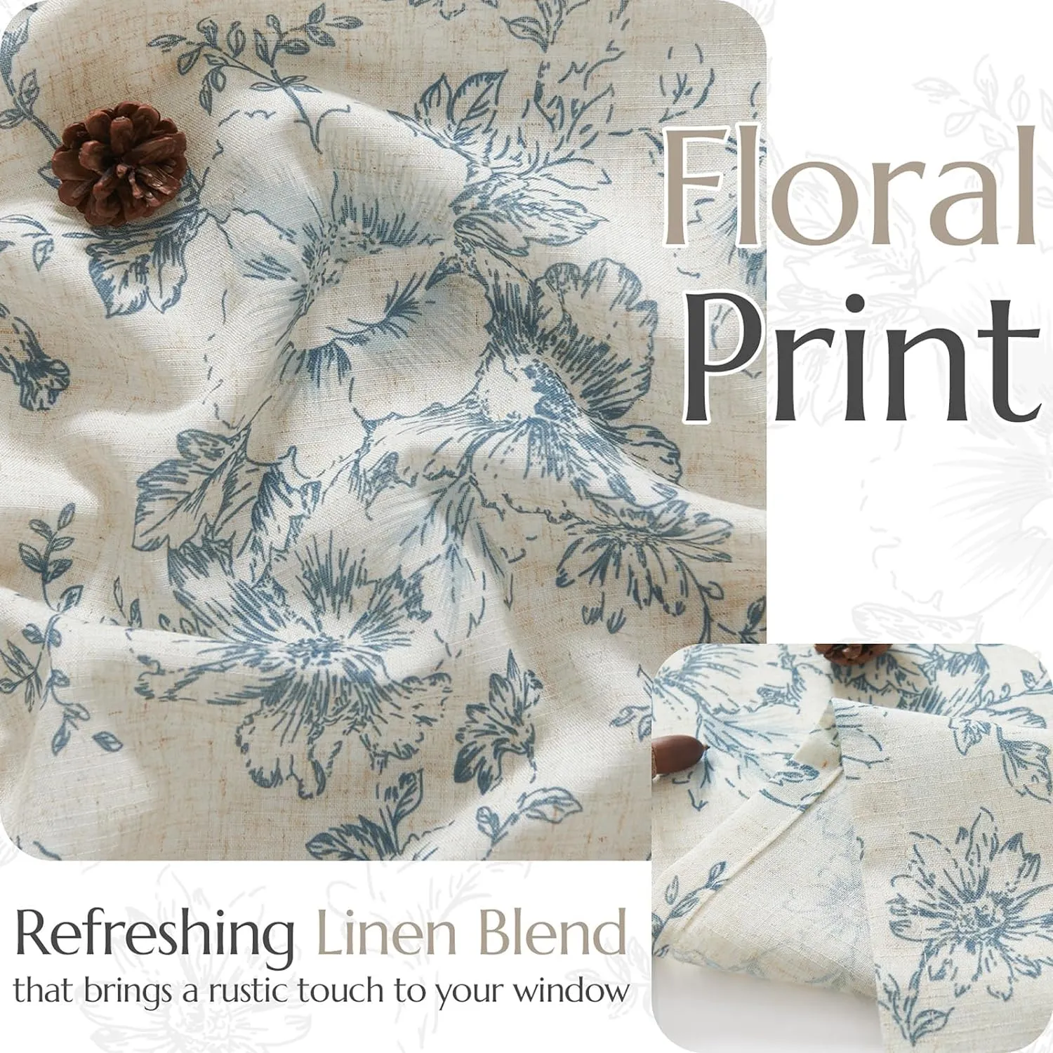 jinchan Floral Kitchen Curtains Set Linen Tier Curtains and Valance Farmhouse Drapes for Small Windows 36 Inch Length for Cafe Living Room Bathroom Rod Pocket 3 Pieces Set Blue on Beige