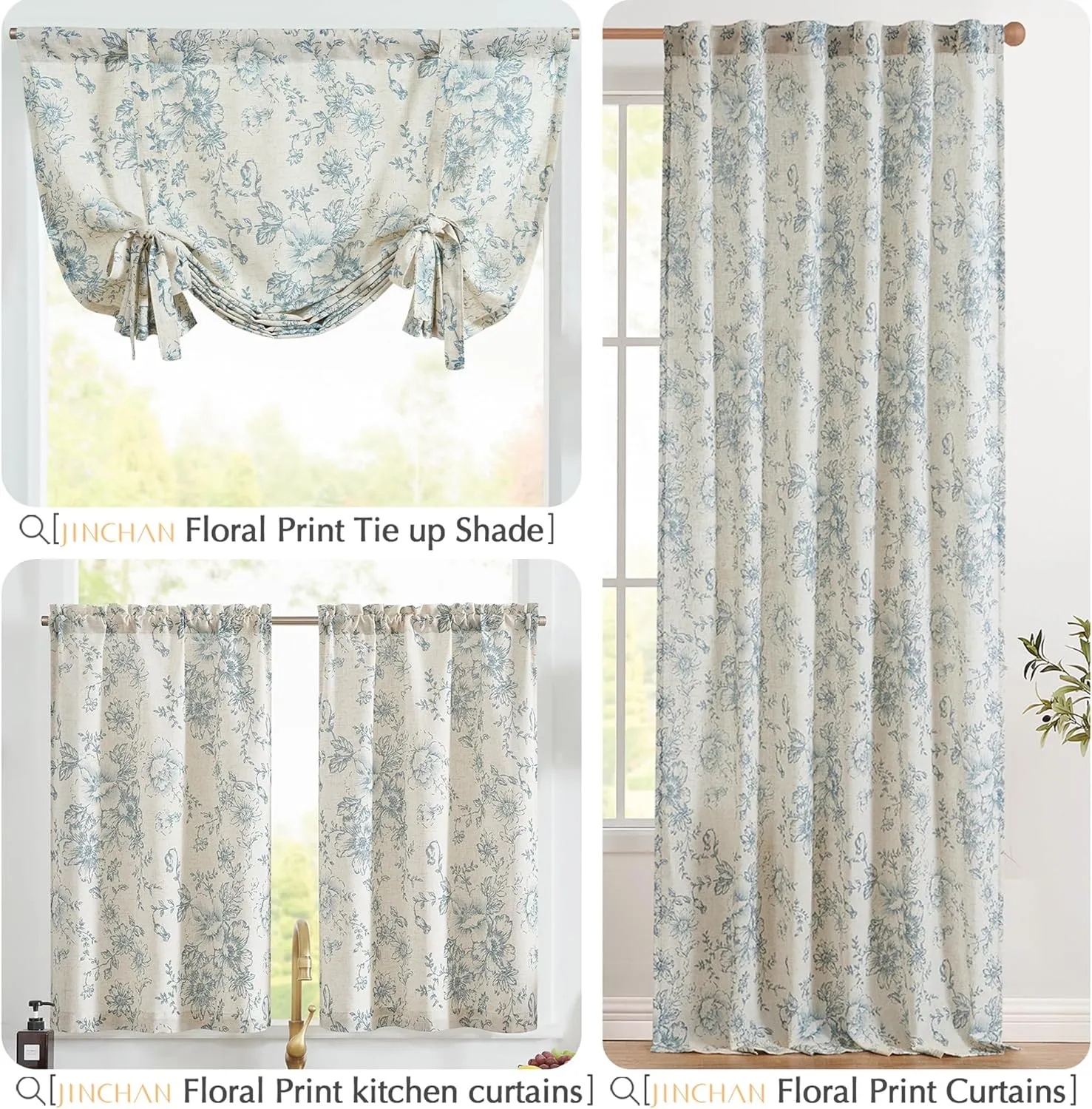 jinchan Floral Kitchen Curtains Set Linen Tier Curtains and Valance Farmhouse Drapes for Small Windows 36 Inch Length for Cafe Living Room Bathroom Rod Pocket 3 Pieces Set Blue on Beige