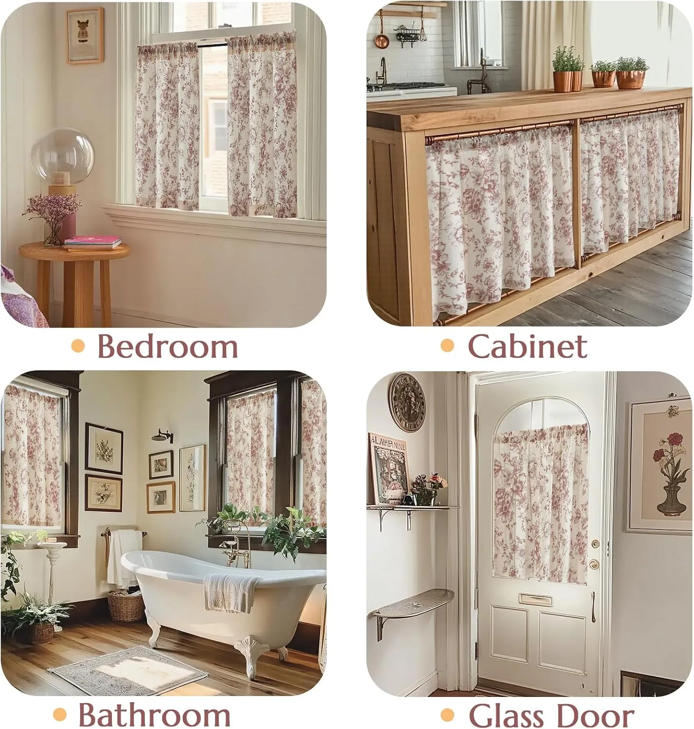 jinchan Floral Linen Tier Curtains Floral Brick Red on Beige Cafe Curtains 24 Inch Length Kitchen Living Room Bedroom Bathroom Farmhouse Rustic Country Rod Pocket 2 Panels