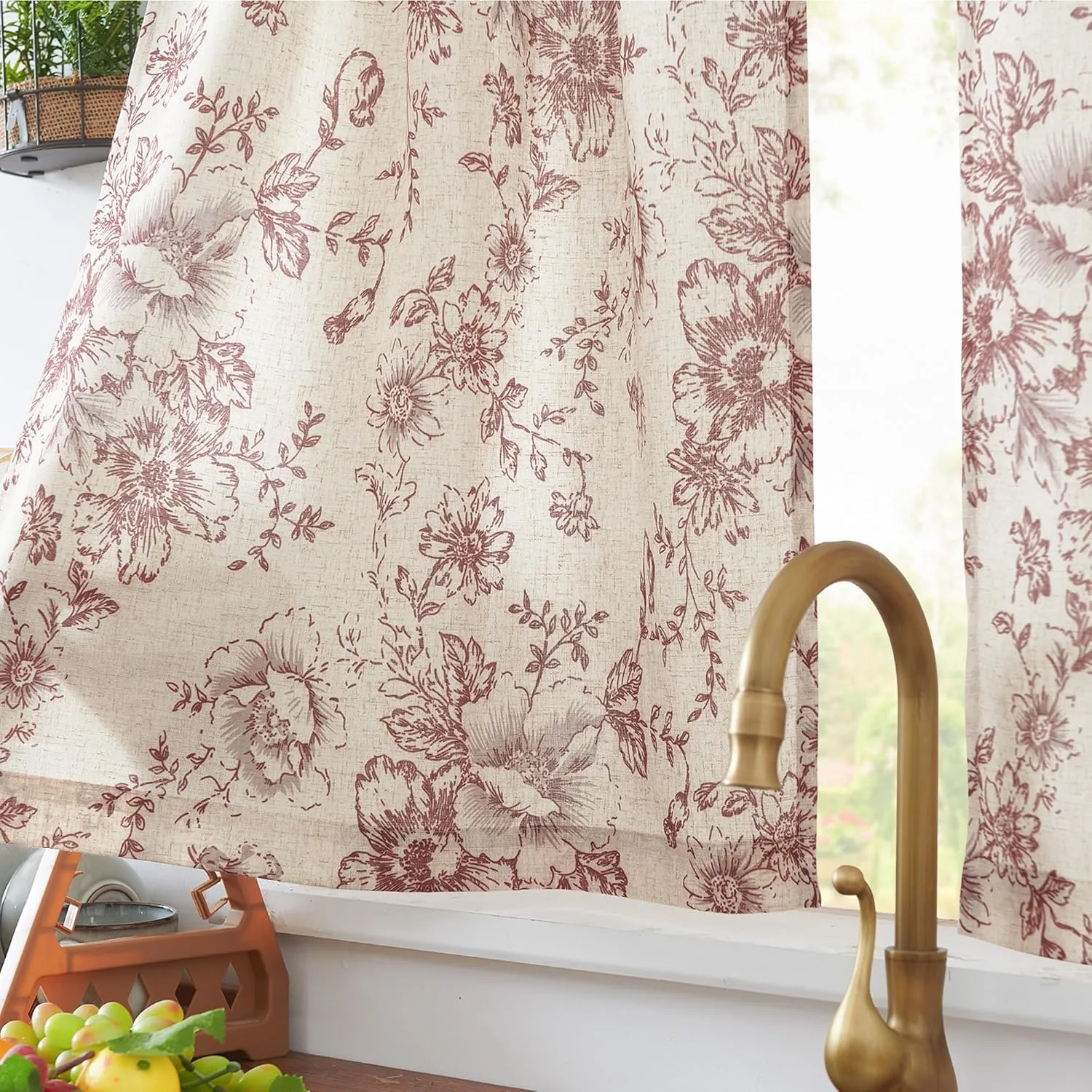 jinchan Floral Linen Tier Curtains Floral Brick Red on Beige Cafe Curtains 24 Inch Length Kitchen Living Room Bedroom Bathroom Farmhouse Rustic Country Rod Pocket 2 Panels