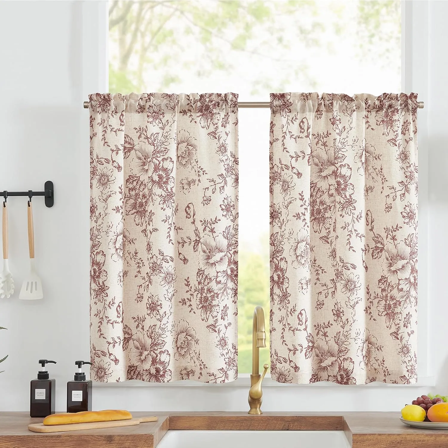 jinchan Floral Linen Tier Curtains Floral Brick Red on Beige Cafe Curtains 24 Inch Length Kitchen Living Room Bedroom Bathroom Farmhouse Rustic Country Rod Pocket 2 Panels
