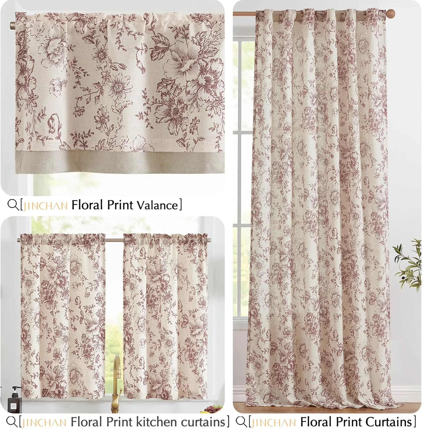 jinchan Floral Linen Tier Curtains Floral Brick Red on Beige Cafe Curtains 24 Inch Length Kitchen Living Room Bedroom Bathroom Farmhouse Rustic Country Rod Pocket 2 Panels