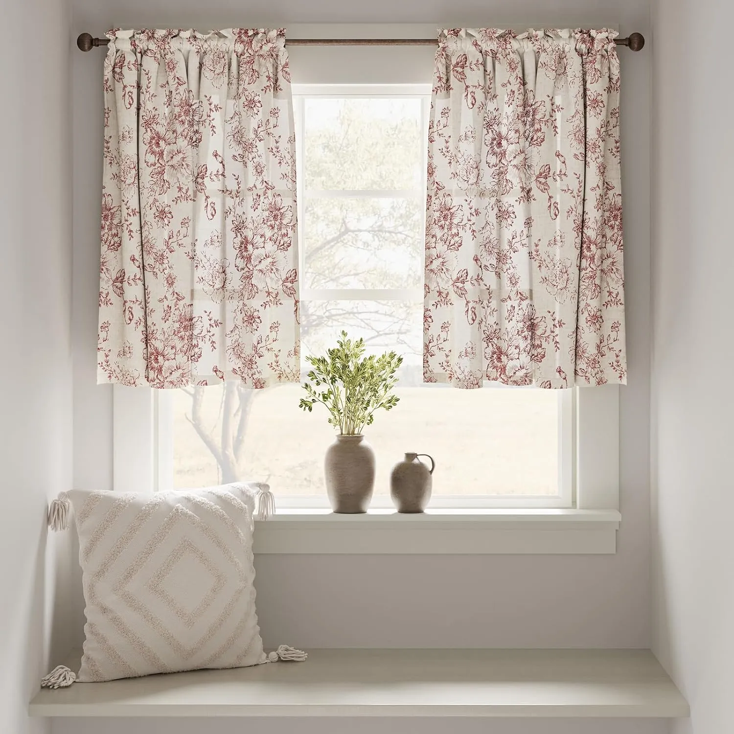 jinchan Floral Linen Tier Curtains Floral Brick Red on Beige Cafe Curtains 24 Inch Length Kitchen Living Room Bedroom Bathroom Farmhouse Rustic Country Rod Pocket 2 Panels