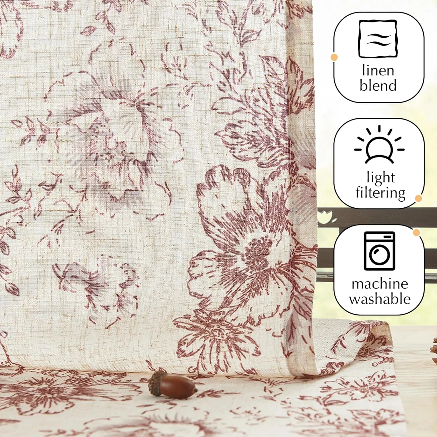 jinchan Floral Linen Tier Curtains Floral Brick Red on Beige Cafe Curtains 24 Inch Length Kitchen Living Room Bedroom Bathroom Farmhouse Rustic Country Rod Pocket 2 Panels