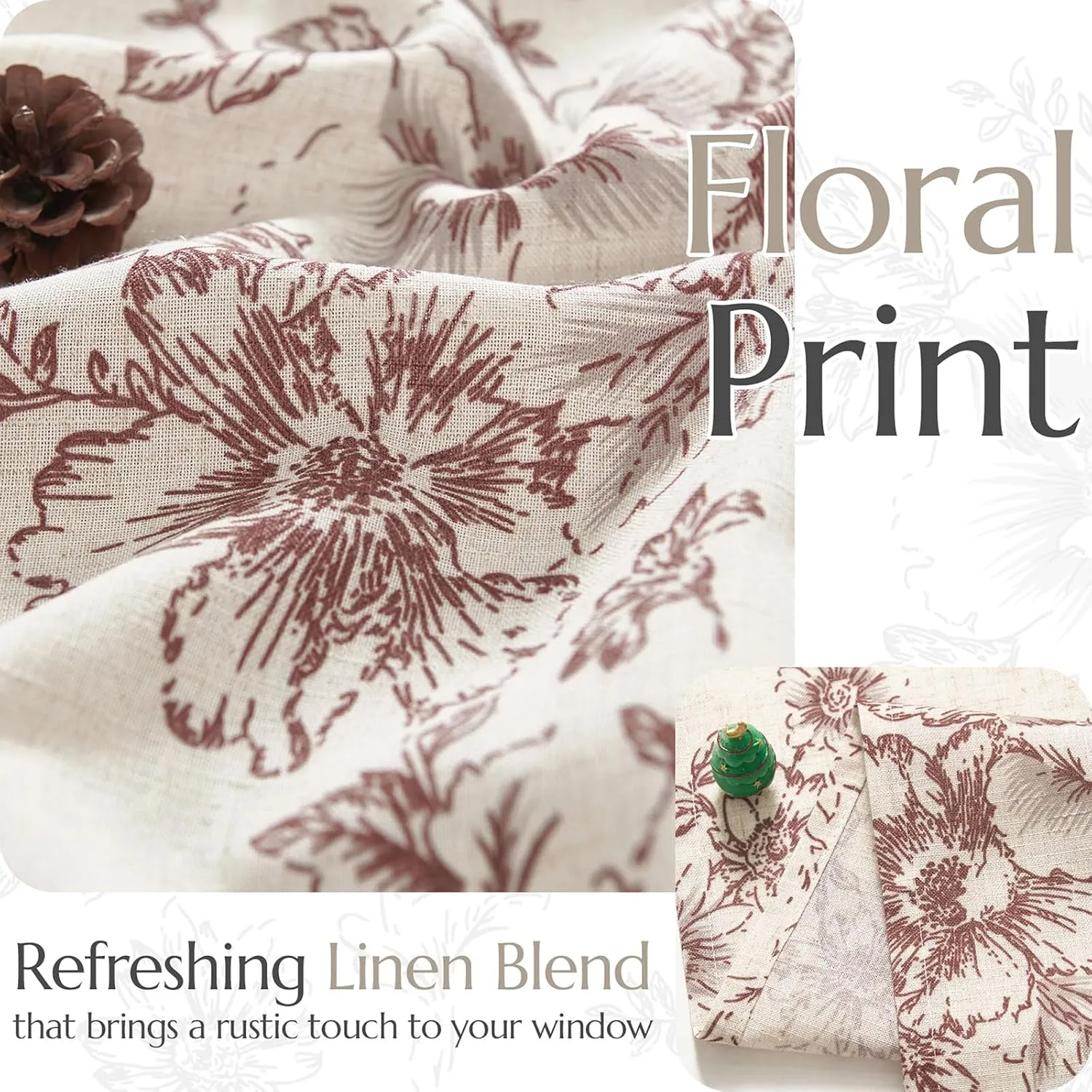 jinchan Floral Linen Tier Curtains Floral Brick Red on Beige Cafe Curtains 24 Inch Length Kitchen Living Room Bedroom Bathroom Farmhouse Rustic Country Rod Pocket 2 Panels