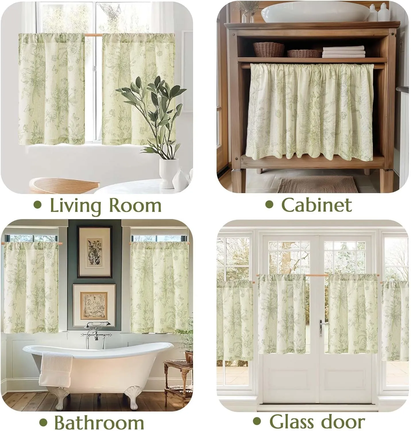 jinchan Half Window Curtains Small Drapes for Kitchen 24 Inch Rustic Floral Tier Curtains Farmhouse Butterfly Cafe Small Window Treatment for Dining Room Bathroom 2 Panels Set Green on Beige