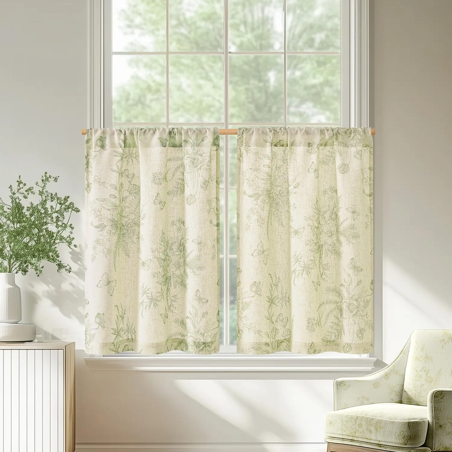 jinchan Half Window Curtains Small Drapes for Kitchen 24 Inch Rustic Floral Tier Curtains Farmhouse Butterfly Cafe Small Window Treatment for Dining Room Bathroom 2 Panels Set Green on Beige