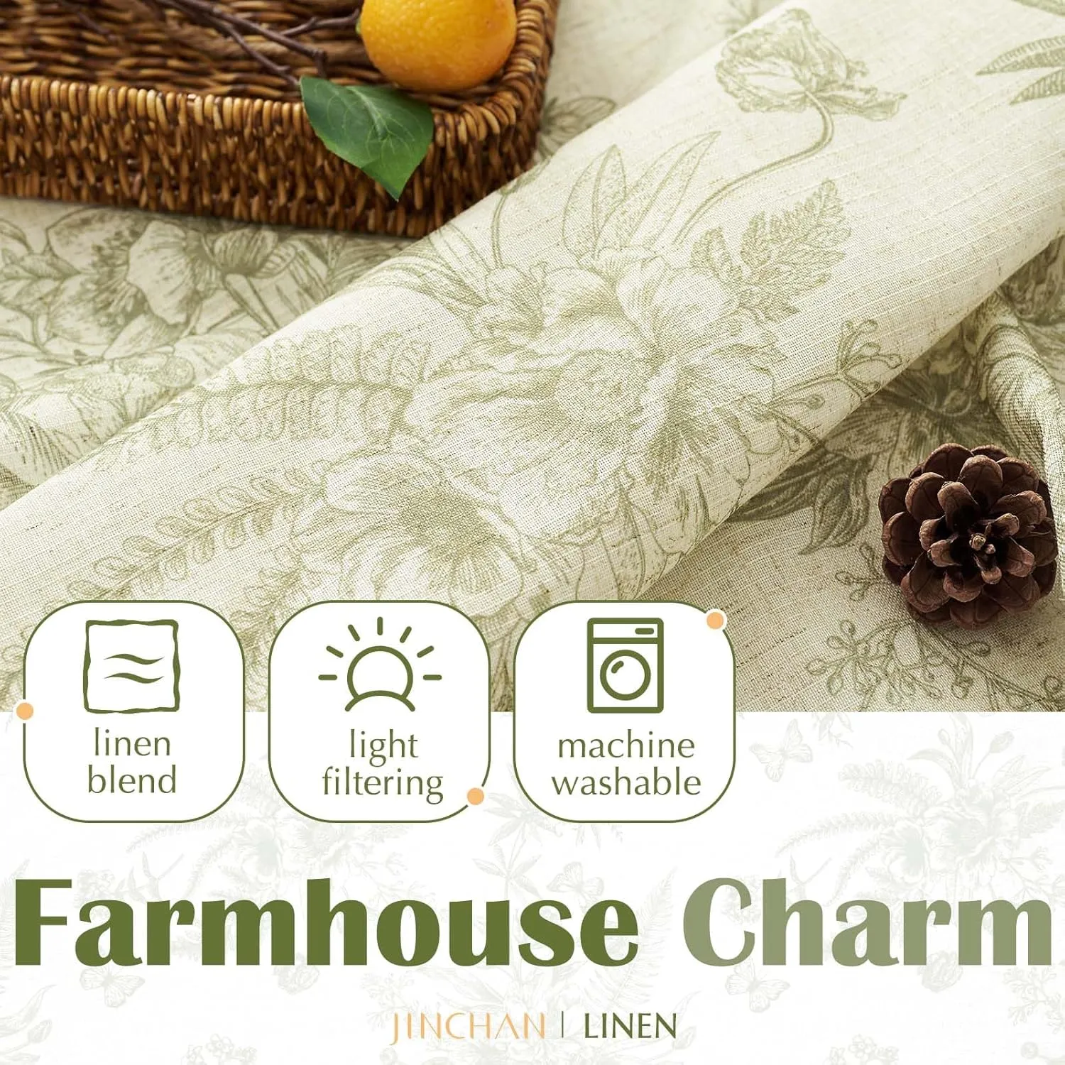 jinchan Half Window Curtains Small Drapes for Kitchen 24 Inch Rustic Floral Tier Curtains Farmhouse Butterfly Cafe Small Window Treatment for Dining Room Bathroom 2 Panels Set Green on Beige