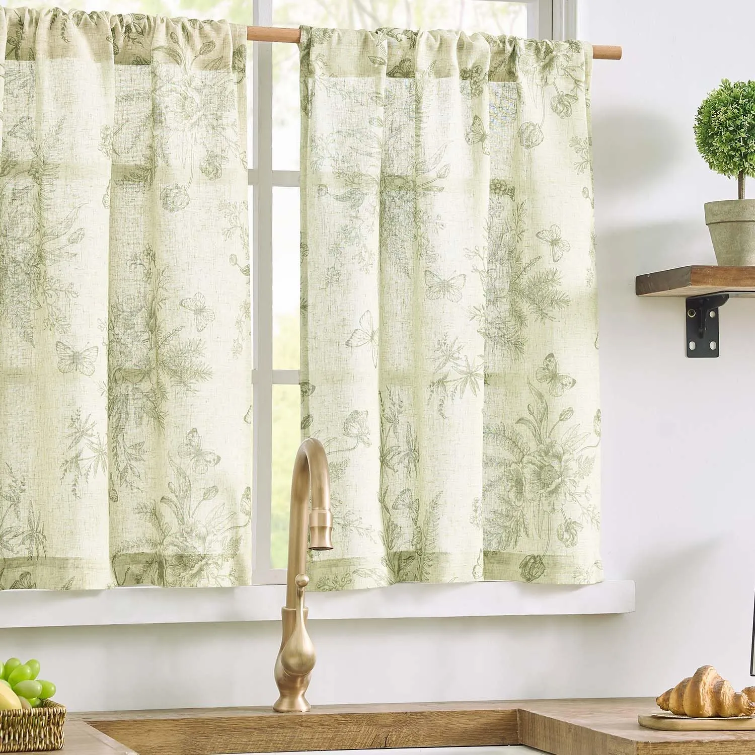 jinchan Half Window Curtains Small Drapes for Kitchen 24 Inch Rustic Floral Tier Curtains Farmhouse Butterfly Cafe Small Window Treatment for Dining Room Bathroom 2 Panels Set Green on Beige