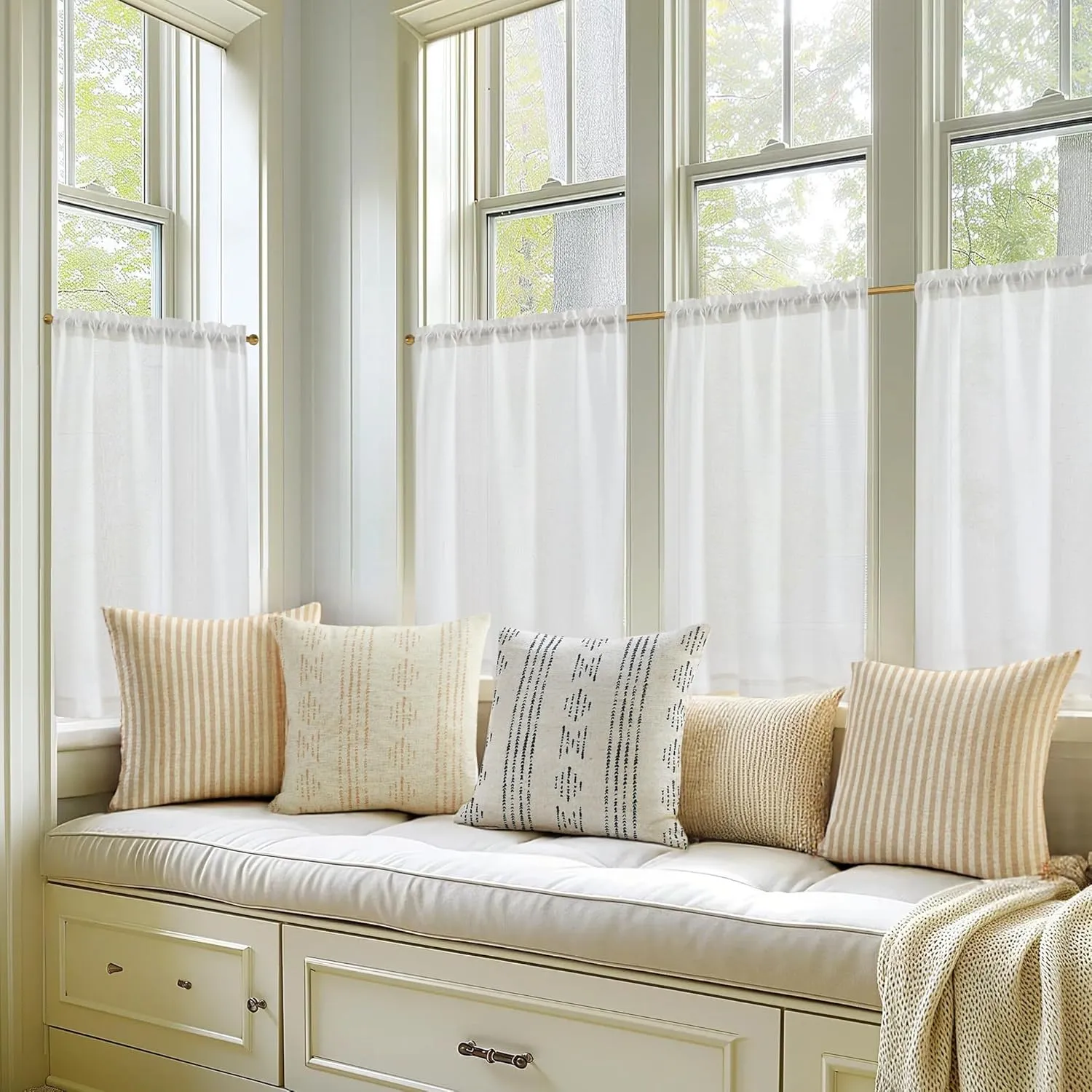 jinchan Kitchen Curtains Linen Tier Curtains 36 Inch Farmhouse Cafe Drapes for Small Window Flax Country Rustic Rod Pocket Bathroom Laundry Room RV Light Filtering 2 Panels White