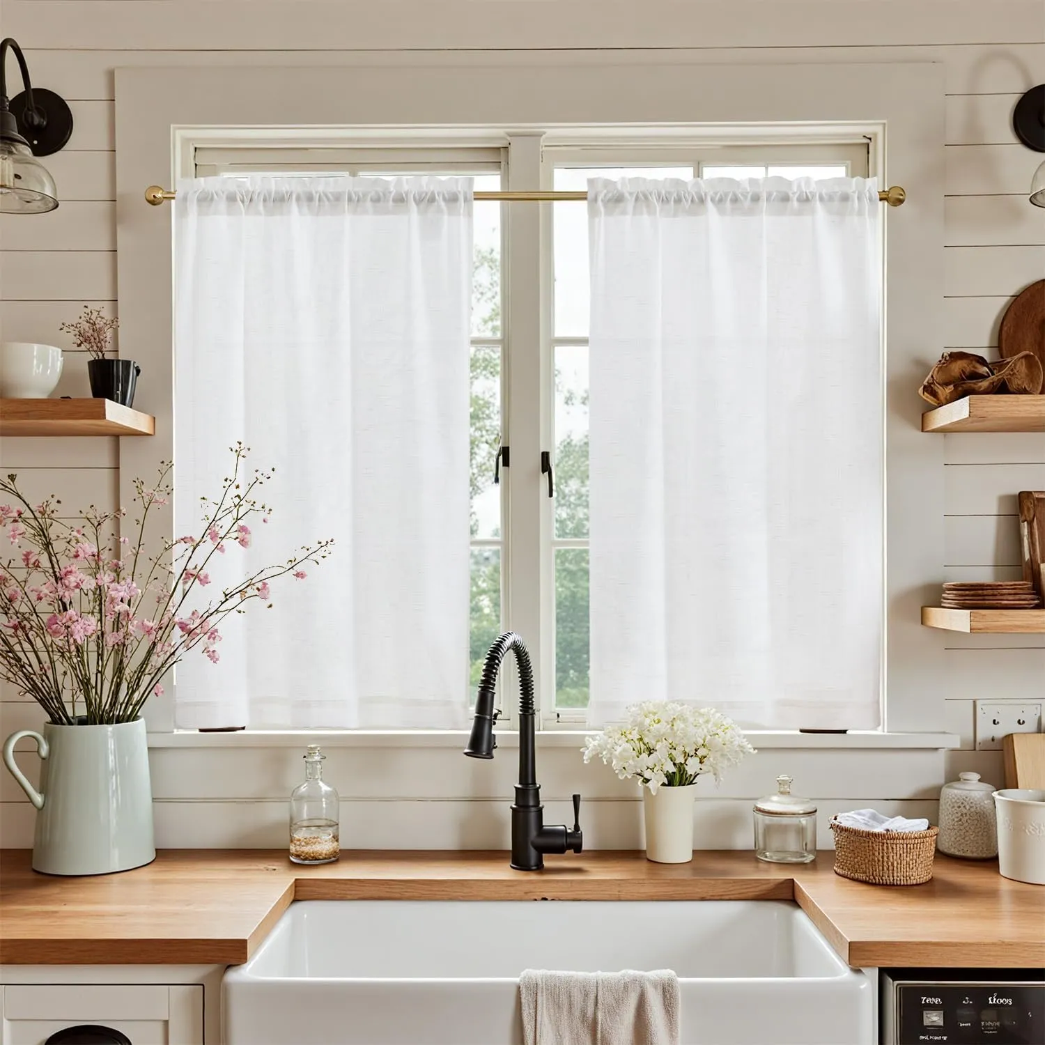 jinchan Kitchen Curtains Linen Tier Curtains 36 Inch Farmhouse Cafe Drapes for Small Window Flax Country Rustic Rod Pocket Bathroom Laundry Room RV Light Filtering 2 Panels White