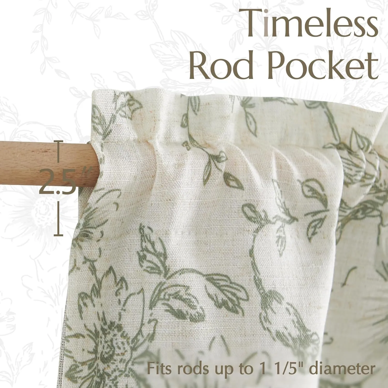 jinchan Linen Floral Valance Double Layer Kitchen Window Curtain Green Flower on Beige Valance for Living Room Cafe Farmhouse Room Darkening Rustic French Country Sage 16 Inch Rod Pocket 1 Panel