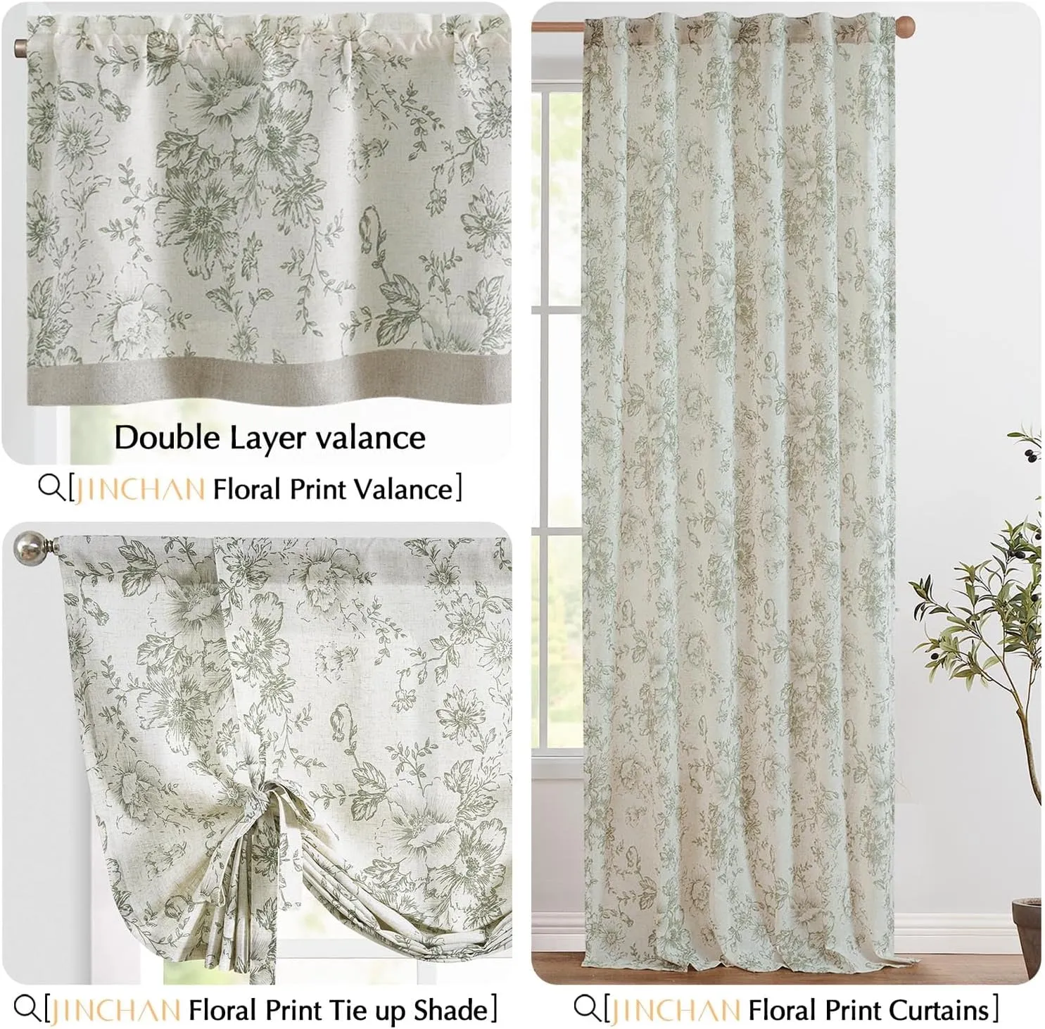jinchan Linen Floral Valance Double Layer Kitchen Window Curtain Green Flower on Beige Valance for Living Room Cafe Farmhouse Room Darkening Rustic French Country Sage 16 Inch Rod Pocket 1 Panel
