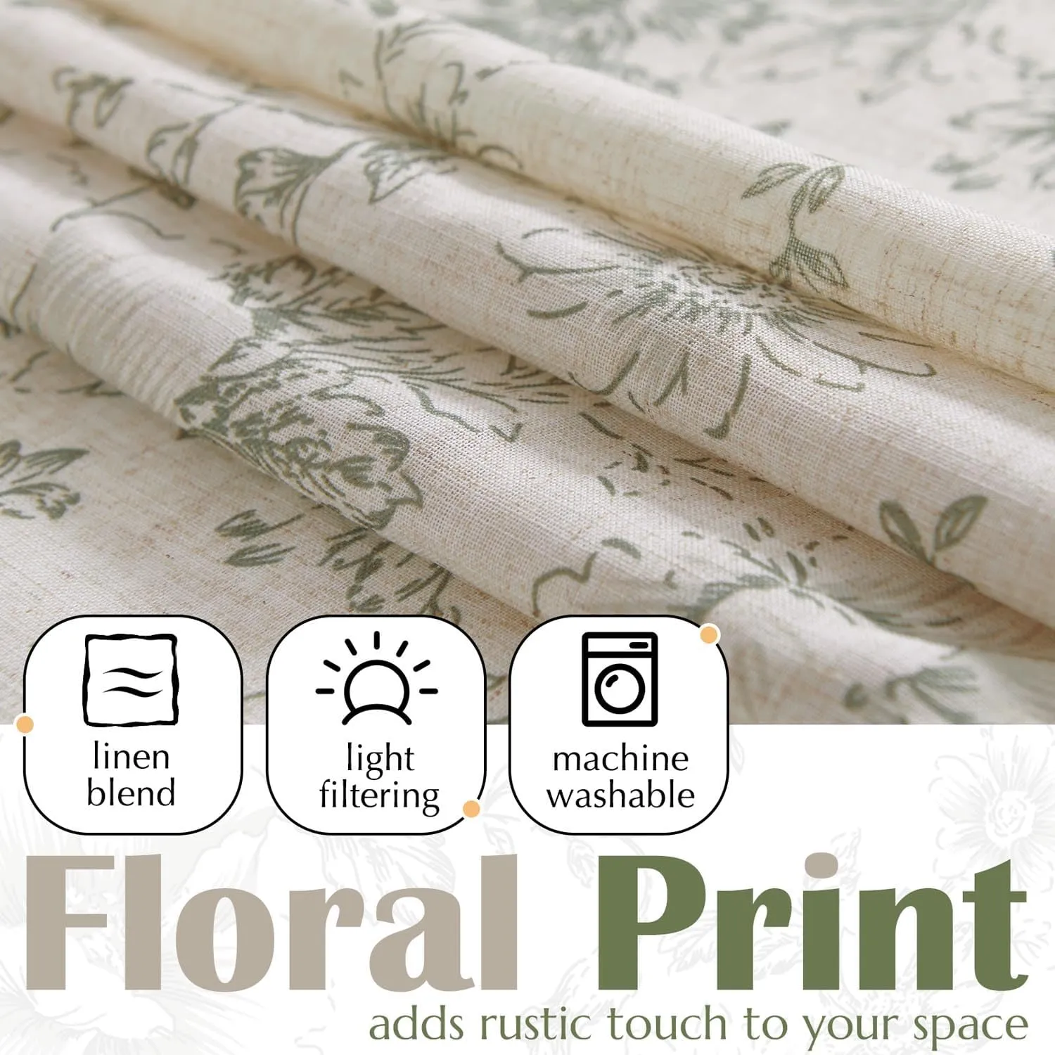 jinchan Linen Floral Valance Double Layer Kitchen Window Curtain Green Flower on Beige Valance for Living Room Cafe Farmhouse Room Darkening Rustic French Country Sage 16 Inch Rod Pocket 1 Panel