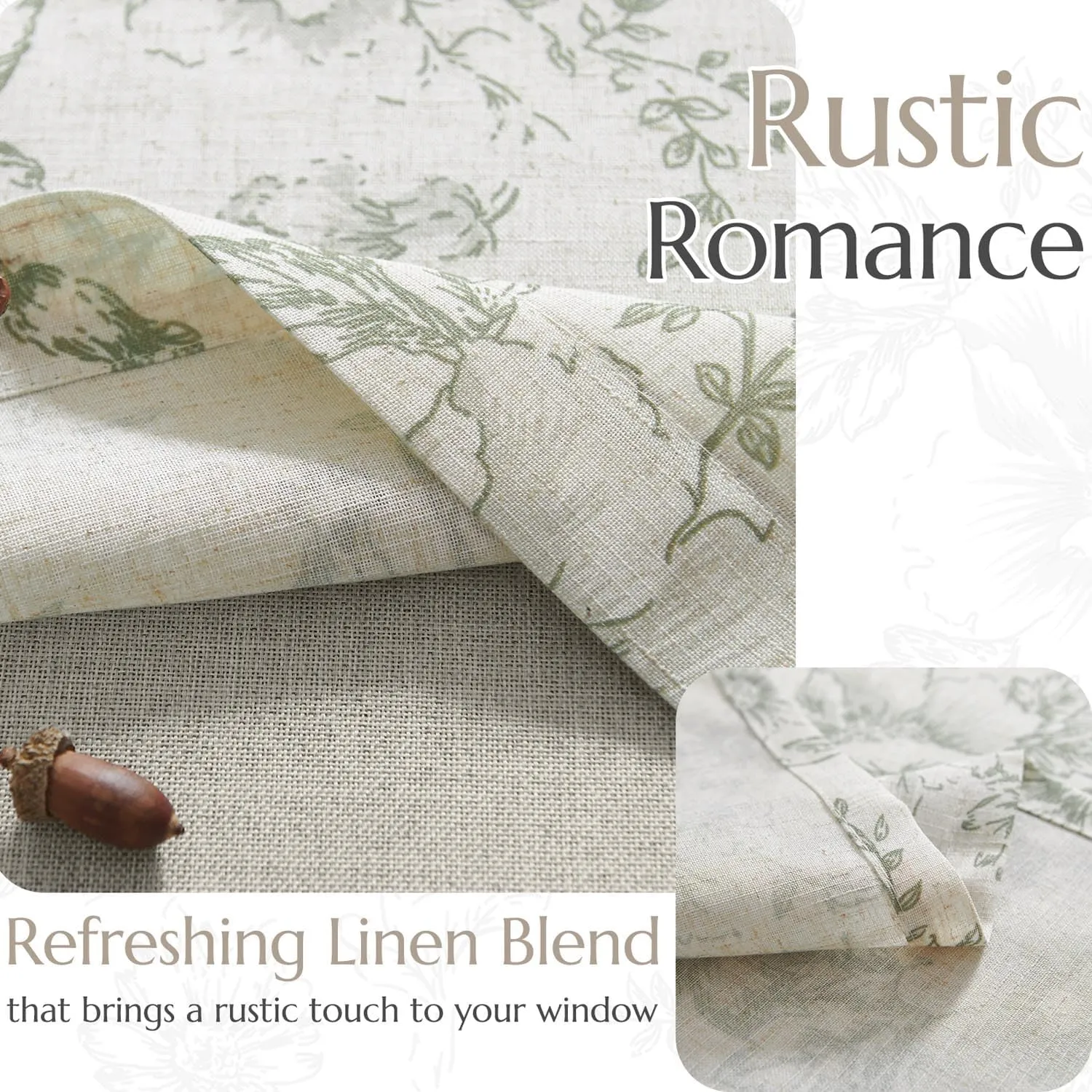 jinchan Linen Floral Valance Double Layer Kitchen Window Curtain Green Flower on Beige Valance for Living Room Cafe Farmhouse Room Darkening Rustic French Country Sage 16 Inch Rod Pocket 1 Panel