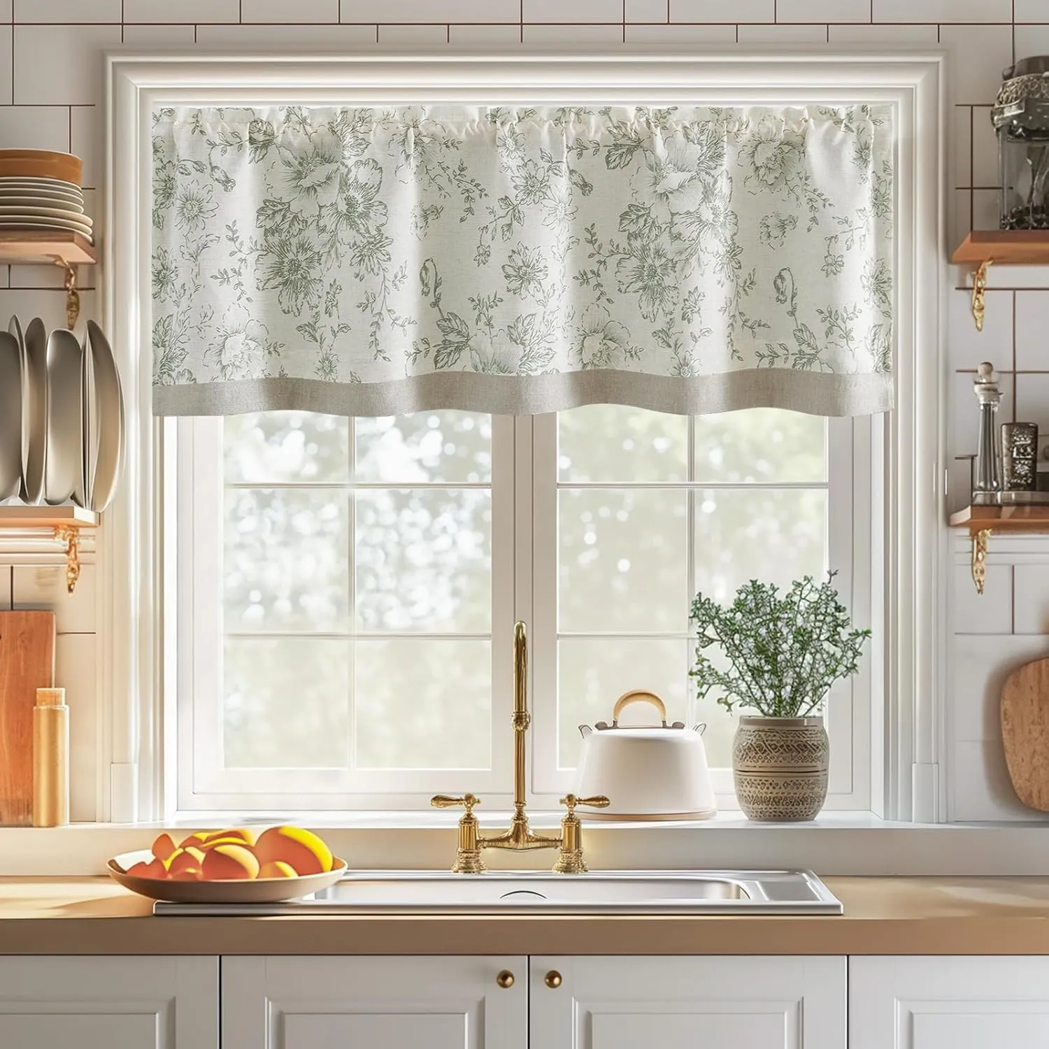 jinchan Linen Floral Valance Double Layer Kitchen Window Curtain Green Flower on Beige Valance for Living Room Cafe Farmhouse Room Darkening Rustic French Country Sage 16 Inch Rod Pocket 1 Panel