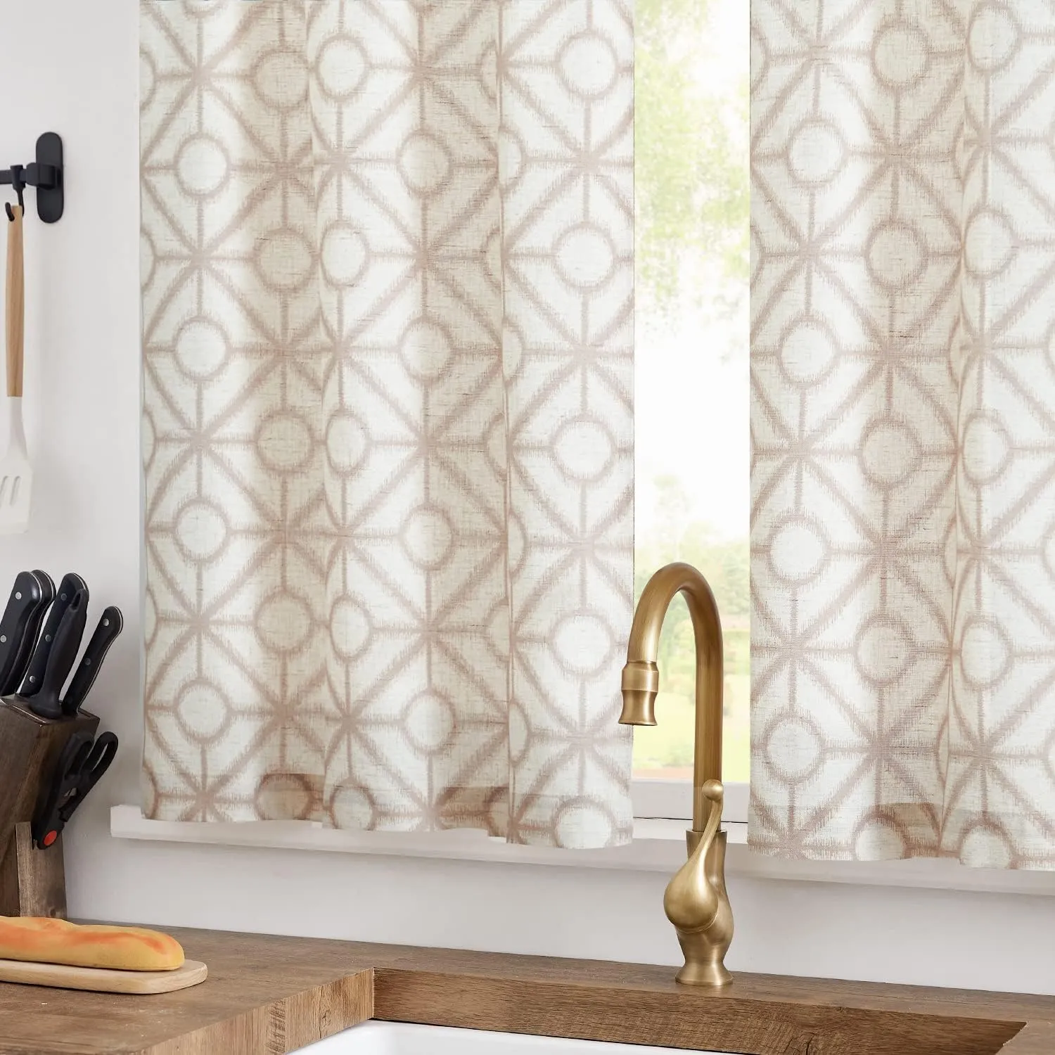 jinchan Linen Kitchen Curtains Geometric Tile Print Light Filtering Small Window Cafe Curtains Farmhouse Rustic Boho for Laundry Room Bathroom RV Rod Pocket 2 Panels 24 Inch Taupe