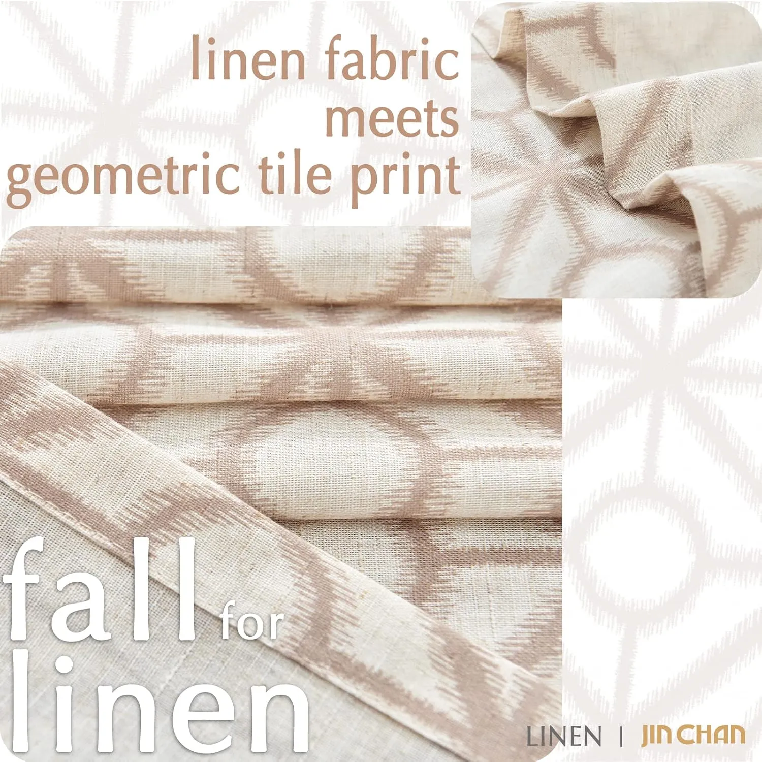 jinchan Linen Kitchen Curtains Geometric Tile Print Light Filtering Small Window Cafe Curtains Farmhouse Rustic Boho for Laundry Room Bathroom RV Rod Pocket 2 Panels 24 Inch Taupe