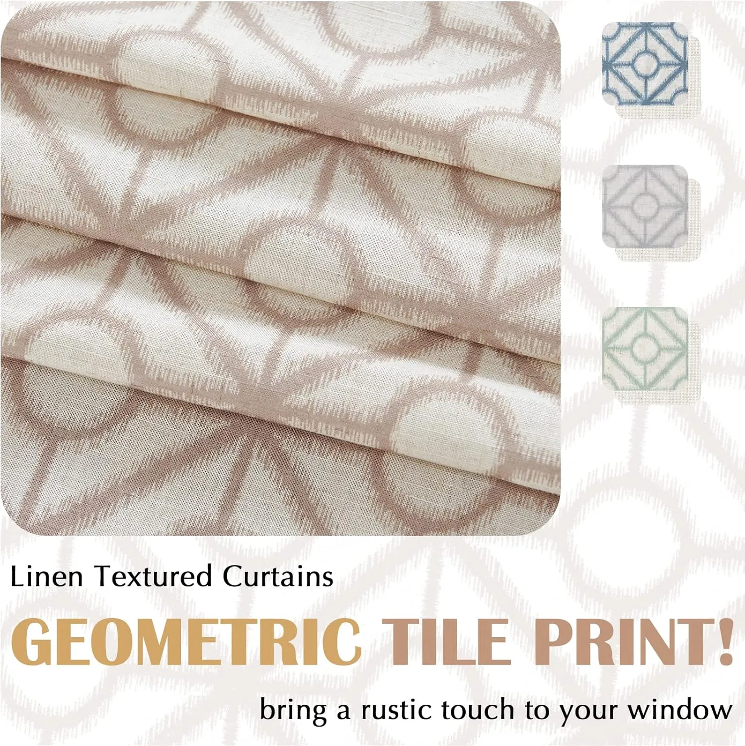 jinchan Linen Kitchen Curtains Geometric Tile Print Light Filtering Small Window Cafe Curtains Farmhouse Rustic Boho for Laundry Room Bathroom RV Rod Pocket 2 Panels 24 Inch Taupe