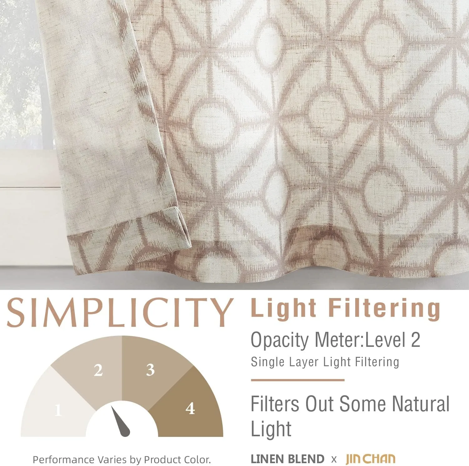 jinchan Linen Kitchen Curtains Geometric Tile Print Light Filtering Small Window Cafe Curtains Farmhouse Rustic Boho for Laundry Room Bathroom RV Rod Pocket 2 Panels 24 Inch Taupe