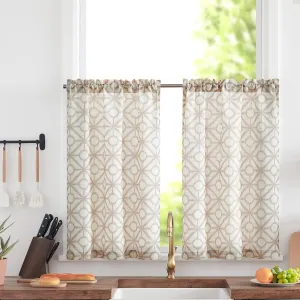 jinchan Linen Kitchen Curtains Geometric Tile Print Light Filtering Small Window Cafe Curtains Farmhouse Rustic Boho for Laundry Room Bathroom RV Rod Pocket 2 Panels 24 Inch Taupe