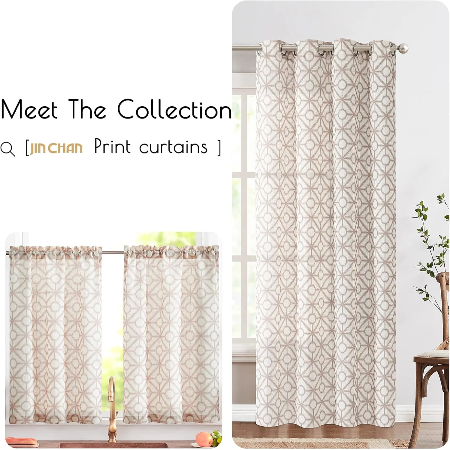 jinchan Linen Kitchen Curtains Geometric Tile Print Light Filtering Small Window Cafe Curtains Farmhouse Rustic Boho for Laundry Room Bathroom RV Rod Pocket 2 Panels 24 Inch Taupe