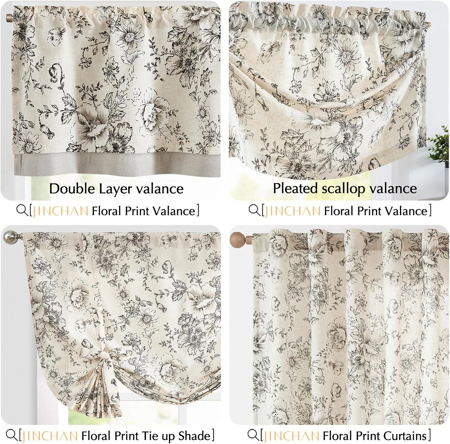 jinchan Linen Valance Curtain Farmhouse Black Floral Small Window Curtain Double Layer Blackout Fall Valance for Kitchen Rustic Biege for Living Room Bedroom 18 Inch Rod Pocket One Panel