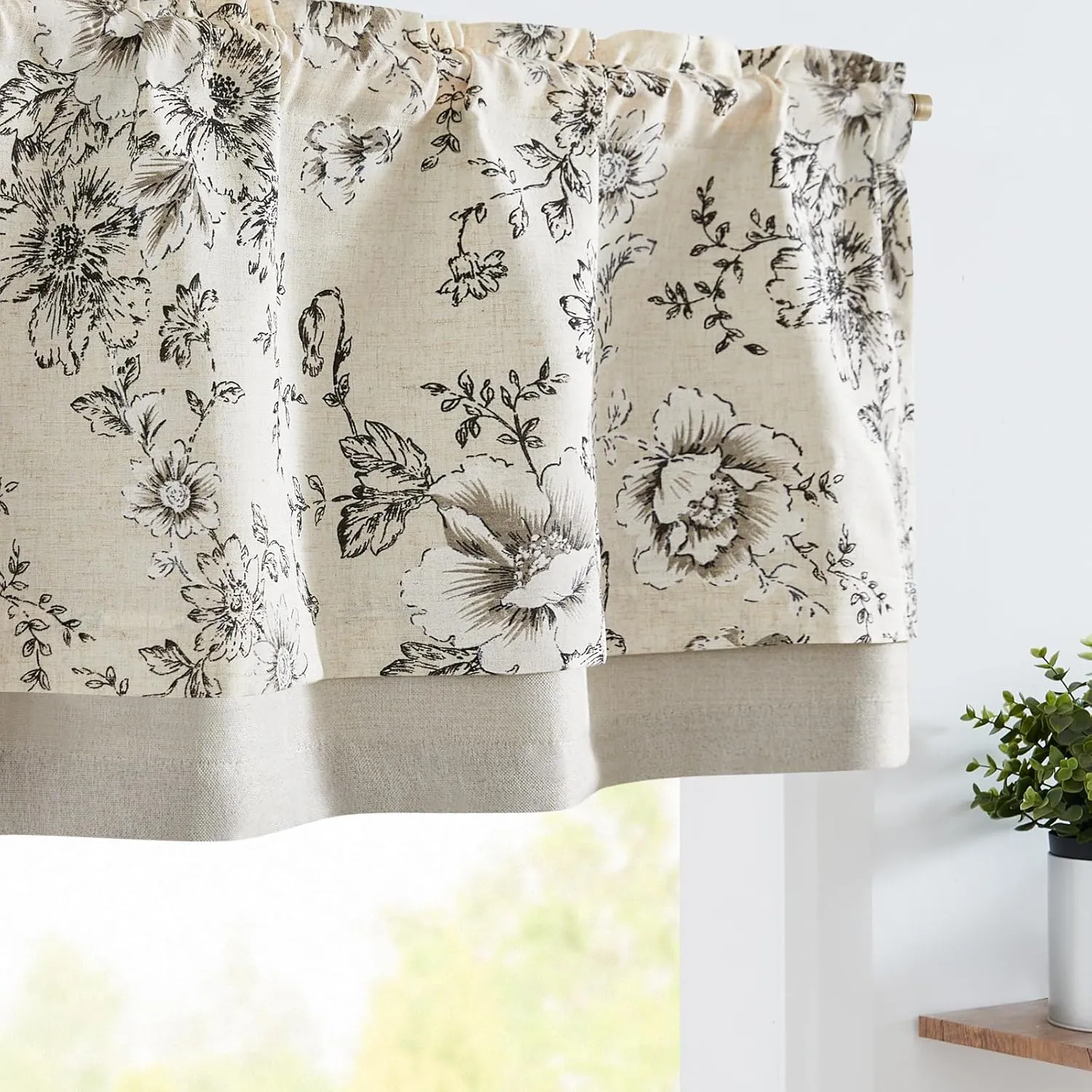 jinchan Linen Valance Curtain Farmhouse Black Floral Small Window Curtain Double Layer Blackout Fall Valance for Kitchen Rustic Biege for Living Room Bedroom 18 Inch Rod Pocket One Panel