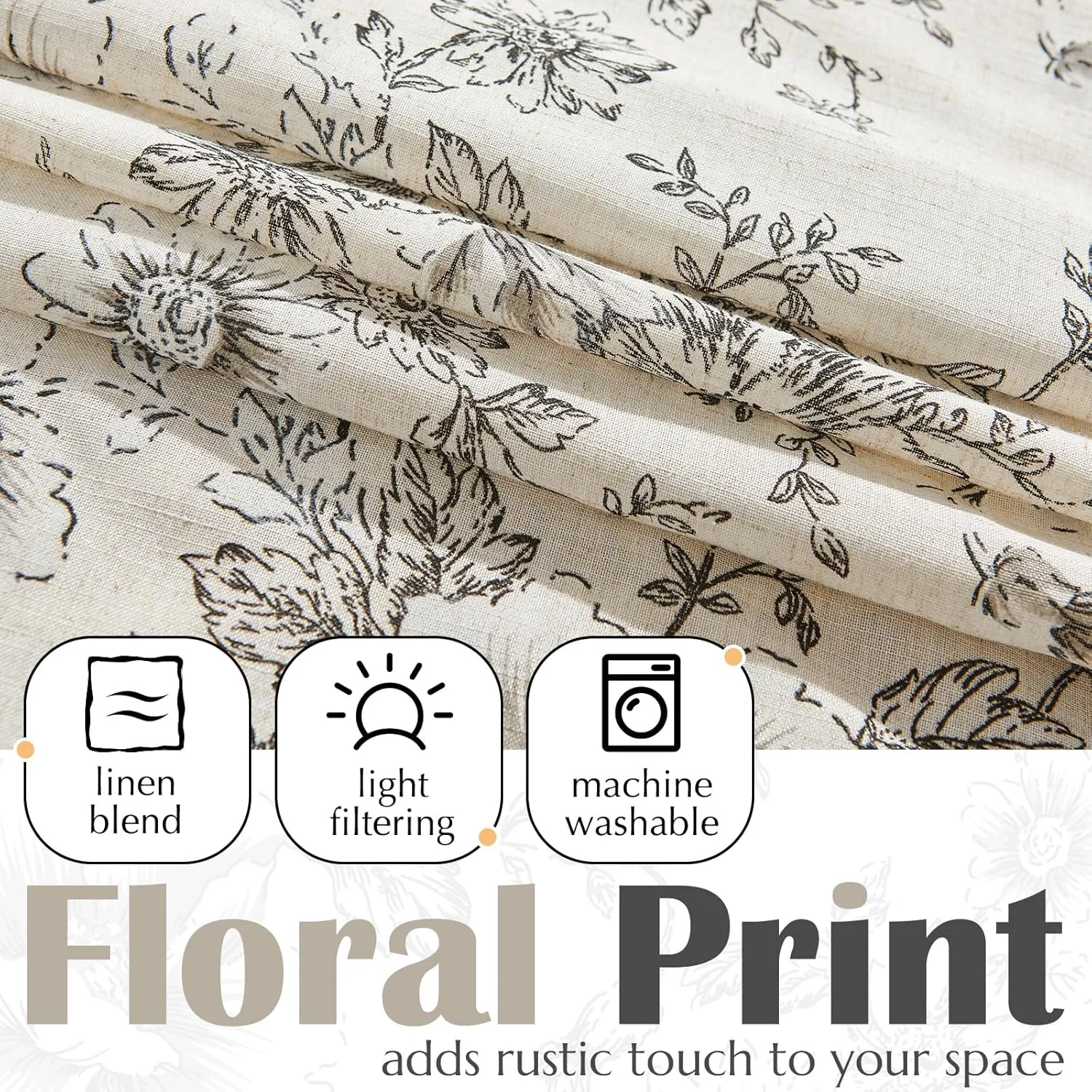 jinchan Linen Valance Curtain Farmhouse Black Floral Small Window Curtain Double Layer Blackout Fall Valance for Kitchen Rustic Biege for Living Room Bedroom 18 Inch Rod Pocket One Panel