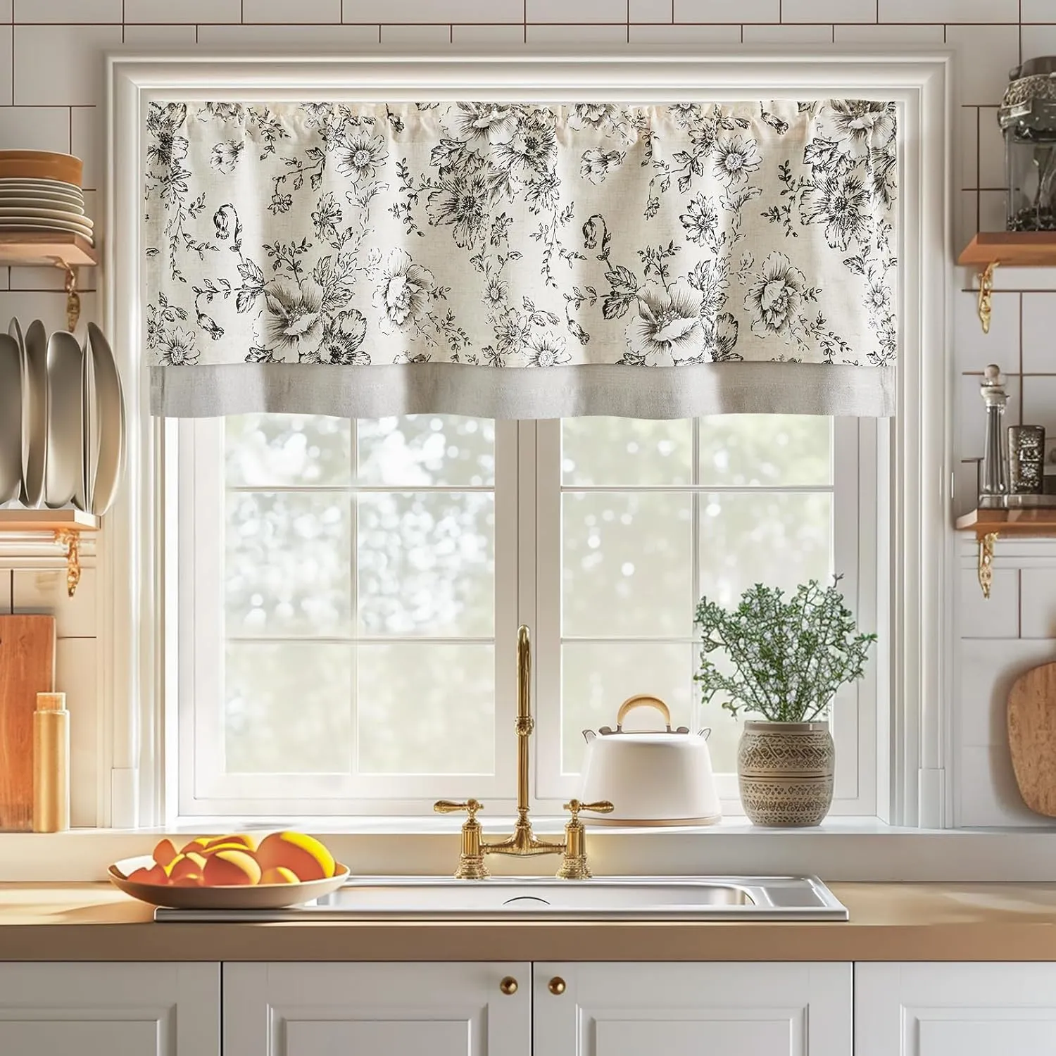 jinchan Linen Valance Curtain Farmhouse Black Floral Small Window Curtain Double Layer Blackout Fall Valance for Kitchen Rustic Biege for Living Room Bedroom 18 Inch Rod Pocket One Panel