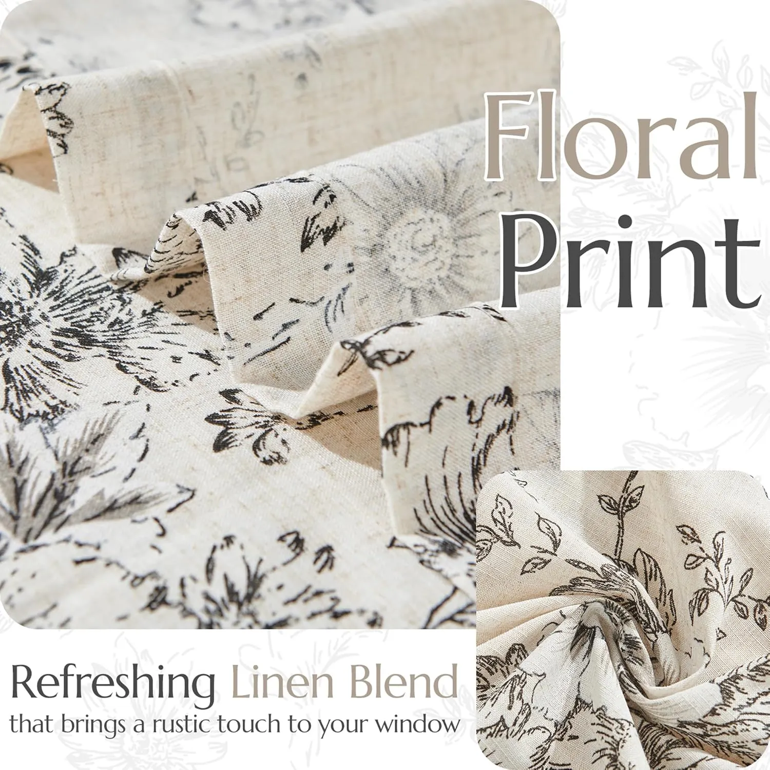 Jinchan Pinch Pleated Curtains - Floral Linen Blend for Living Room, 63 Inch Length, Black Peony Flower Print, Rod Pocket, Farmhouse Pinch Pleat Drapes with Hooks, Set of 2 Panels