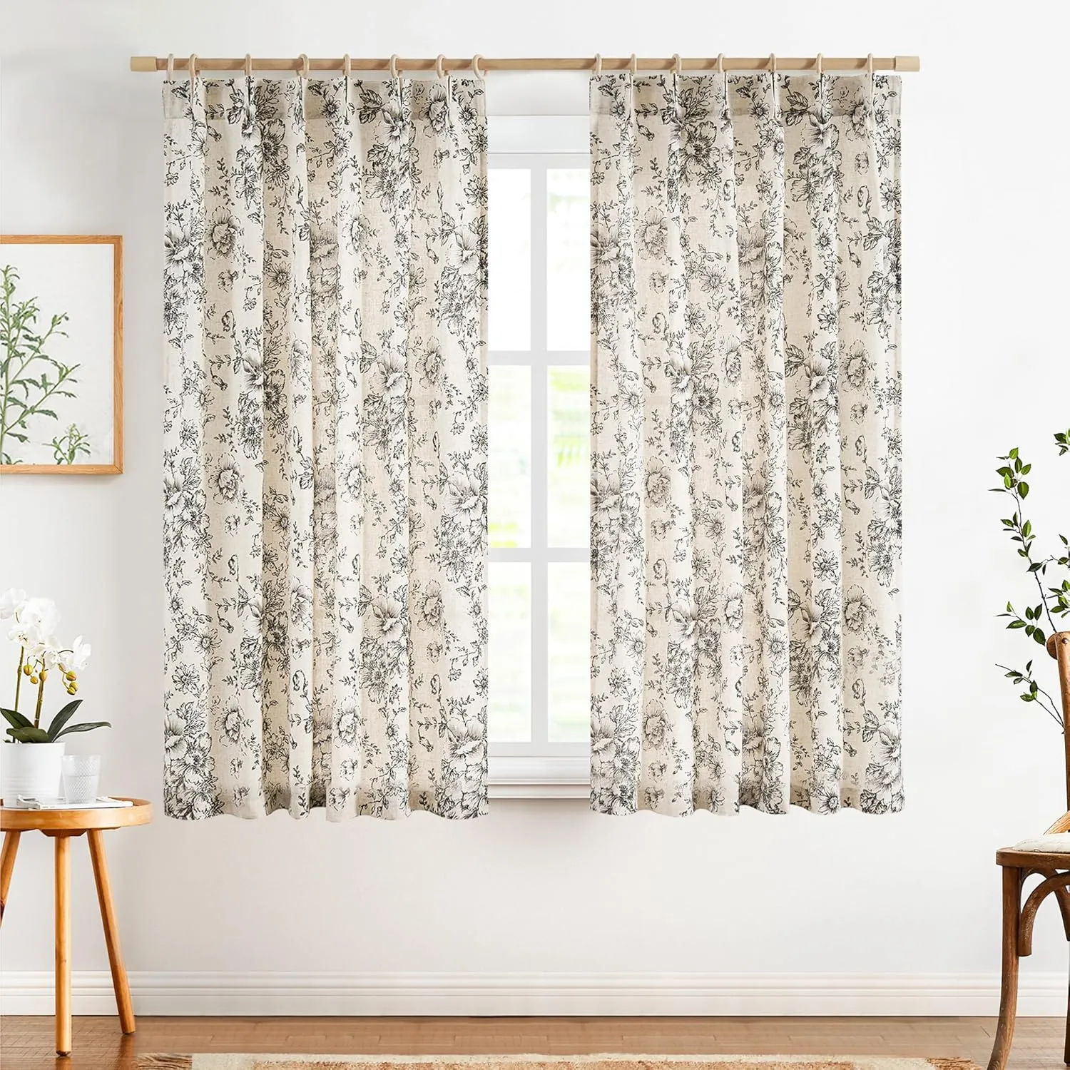 Jinchan Pinch Pleated Curtains - Floral Linen Blend for Living Room, 63 Inch Length, Black Peony Flower Print, Rod Pocket, Farmhouse Pinch Pleat Drapes with Hooks, Set of 2 Panels