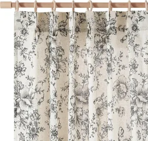 Jinchan Pinch Pleated Curtains - Floral Linen Blend for Living Room, 63 Inch Length, Black Peony Flower Print, Rod Pocket, Farmhouse Pinch Pleat Drapes with Hooks, Set of 2 Panels