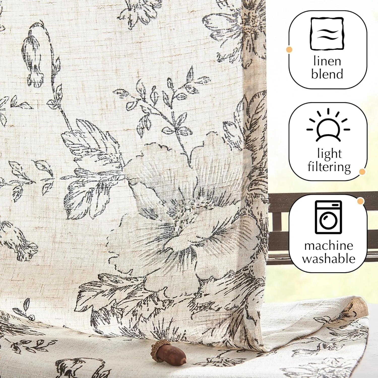 Jinchan Pinch Pleated Curtains - Floral Linen Blend for Living Room, 63 Inch Length, Black Peony Flower Print, Rod Pocket, Farmhouse Pinch Pleat Drapes with Hooks, Set of 2 Panels