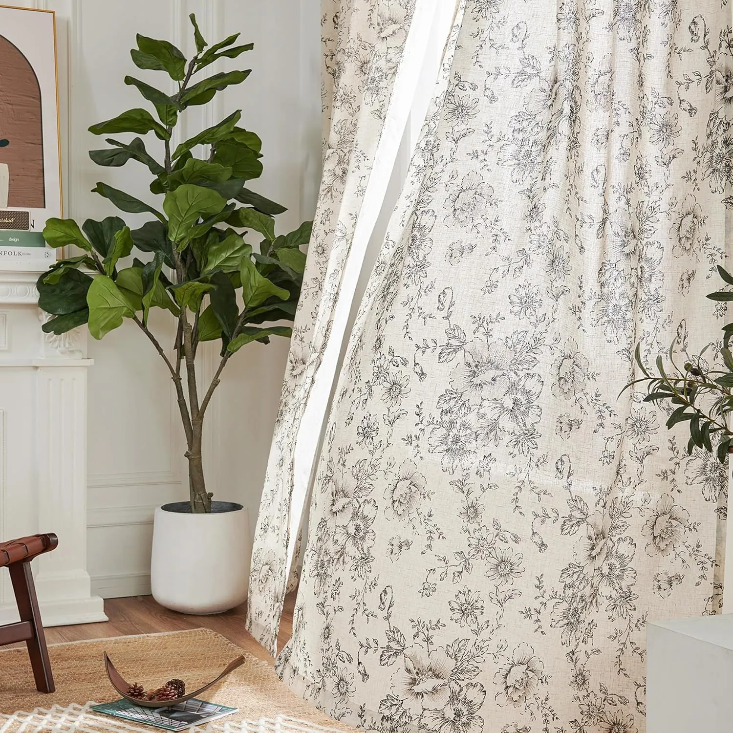 Jinchan Pinch Pleated Curtains - Floral Linen Blend for Living Room, 63 Inch Length, Black Peony Flower Print, Rod Pocket, Farmhouse Pinch Pleat Drapes with Hooks, Set of 2 Panels