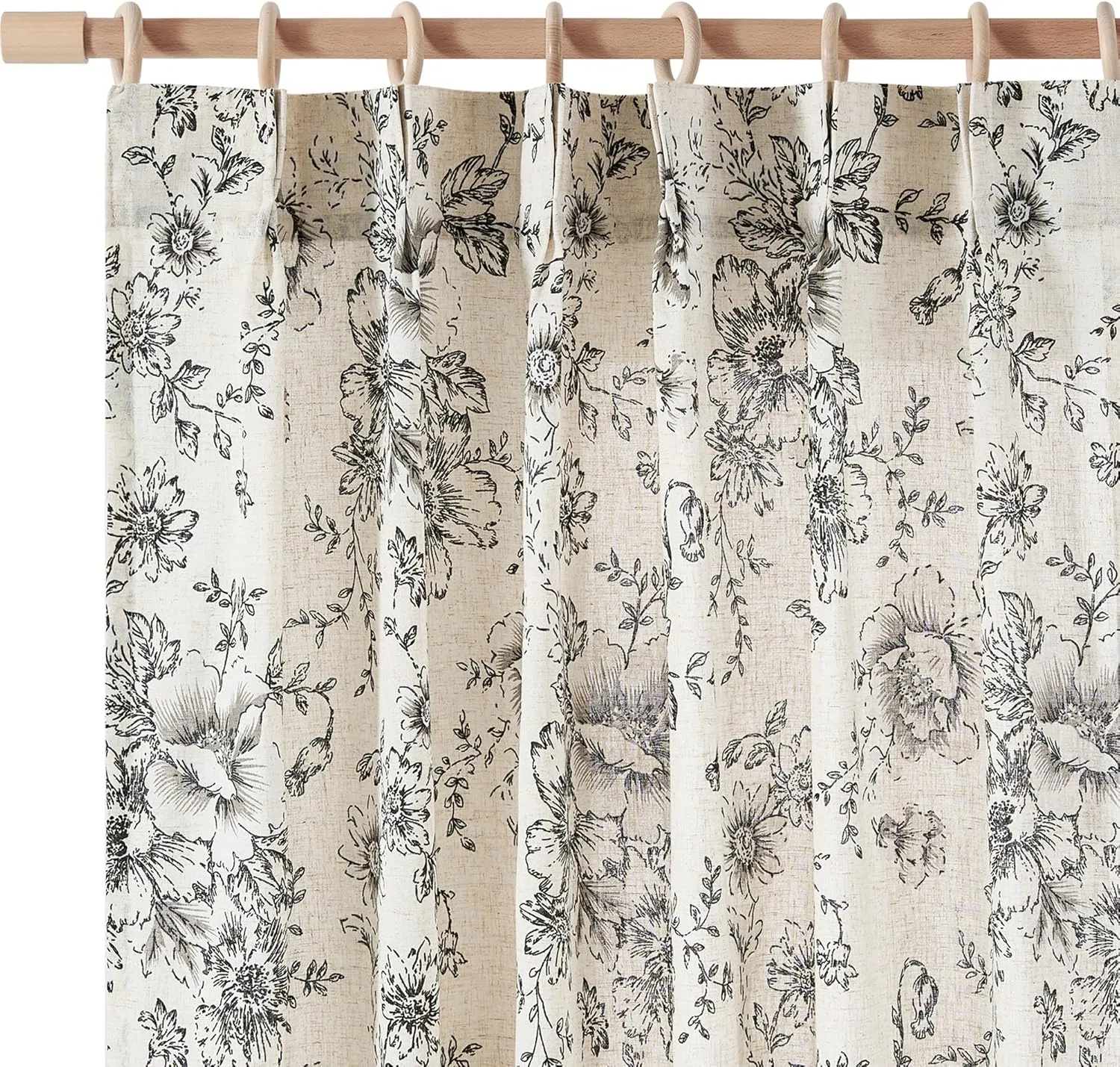 Jinchan Pinch Pleated Curtains - Floral Linen Blend for Living Room, 63 Inch Length, Black Peony Flower Print, Rod Pocket, Farmhouse Pinch Pleat Drapes with Hooks, Set of 2 Panels