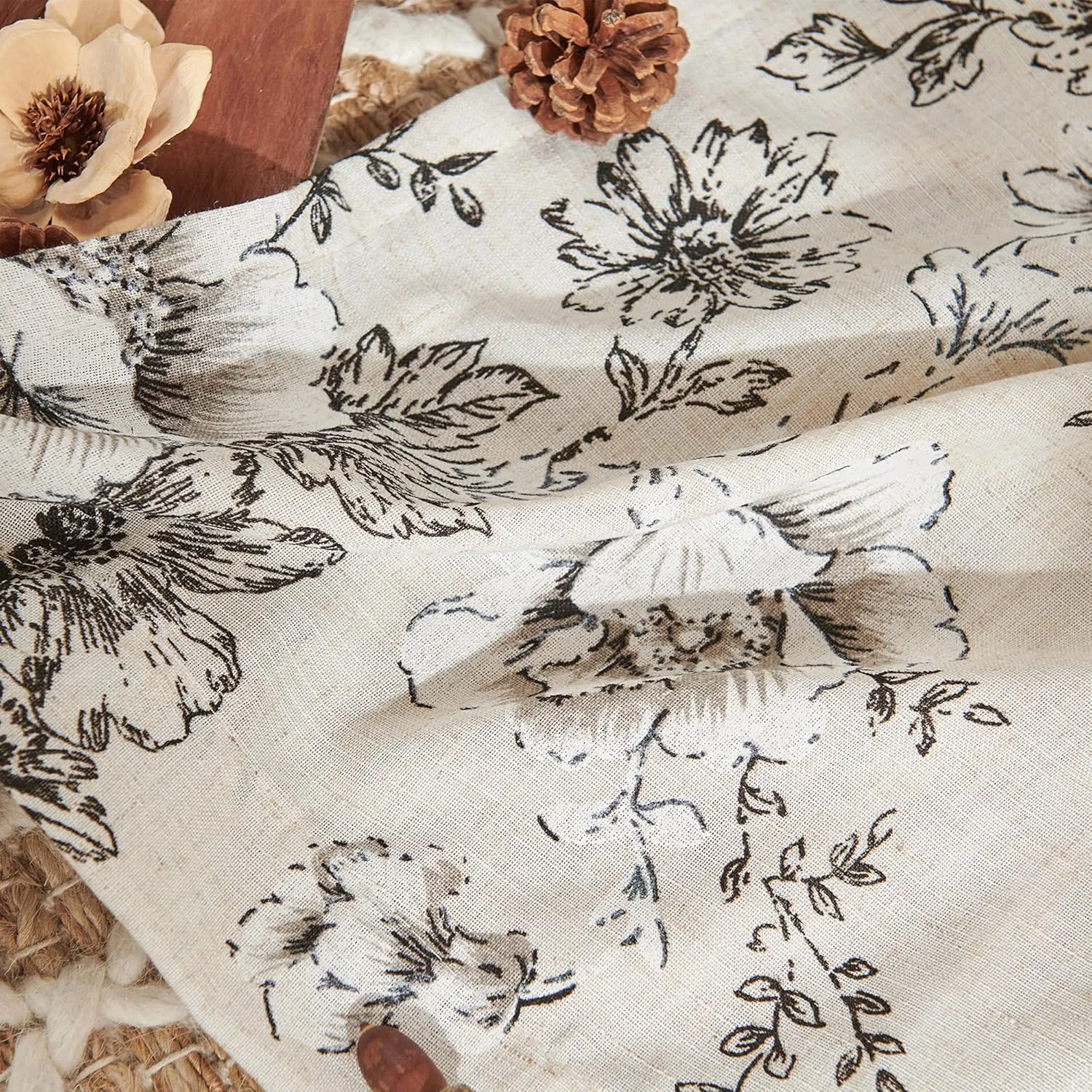 Jinchan Pinch Pleated Curtains - Floral Linen Blend for Living Room, 63 Inch Length, Black Peony Flower Print, Rod Pocket, Farmhouse Pinch Pleat Drapes with Hooks, Set of 2 Panels