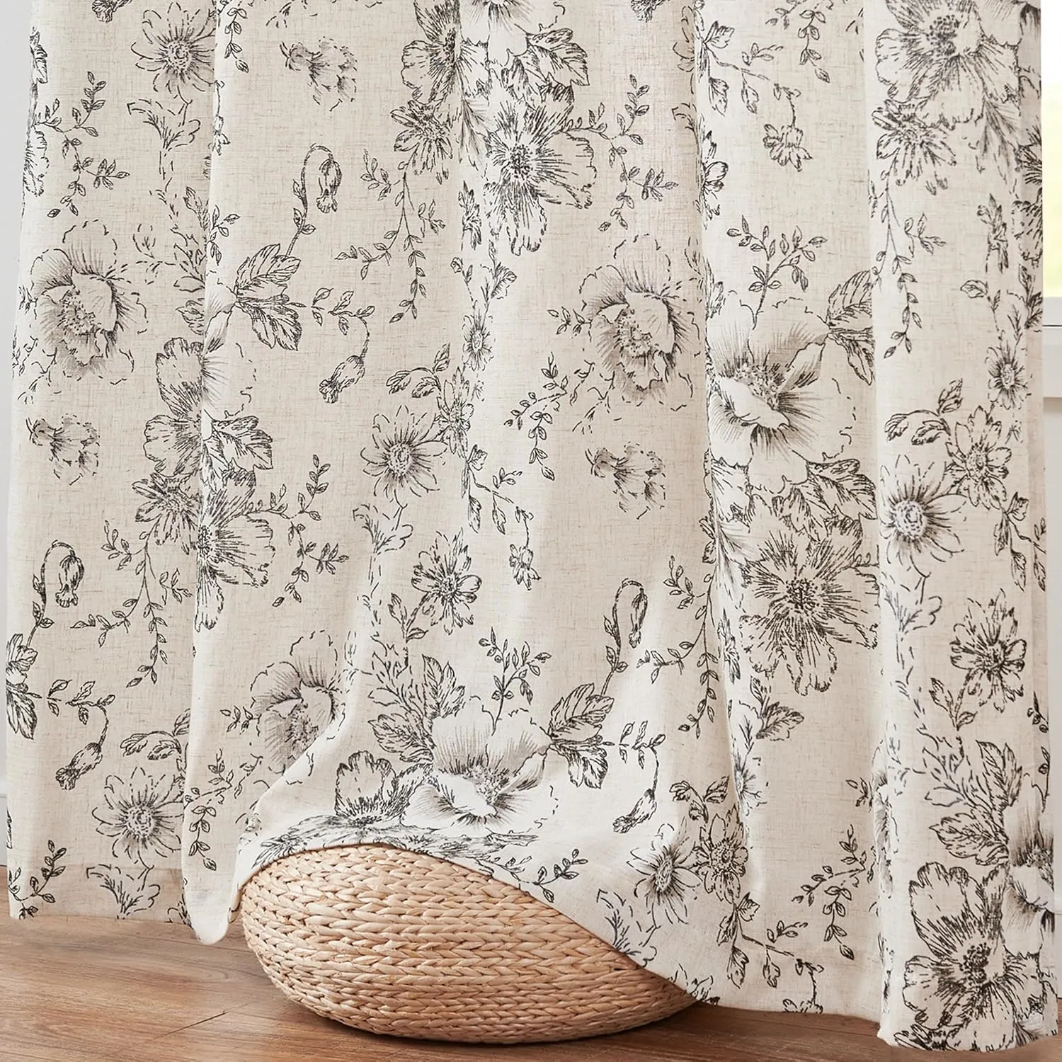 Jinchan Pinch Pleated Curtains - Floral Linen Blend for Living Room, 63 Inch Length, Black Peony Flower Print, Rod Pocket, Farmhouse Pinch Pleat Drapes with Hooks, Set of 2 Panels