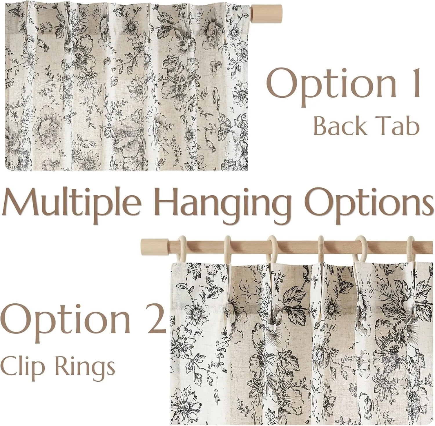 Jinchan Pinch Pleated Curtains - Floral Linen Blend for Living Room, 63 Inch Length, Black Peony Flower Print, Rod Pocket, Farmhouse Pinch Pleat Drapes with Hooks, Set of 2 Panels