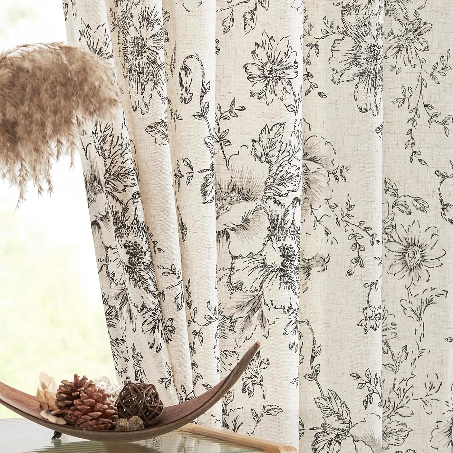 Jinchan Pinch Pleated Curtains - Floral Linen Blend for Living Room, 63 Inch Length, Black Peony Flower Print, Rod Pocket, Farmhouse Pinch Pleat Drapes with Hooks, Set of 2 Panels