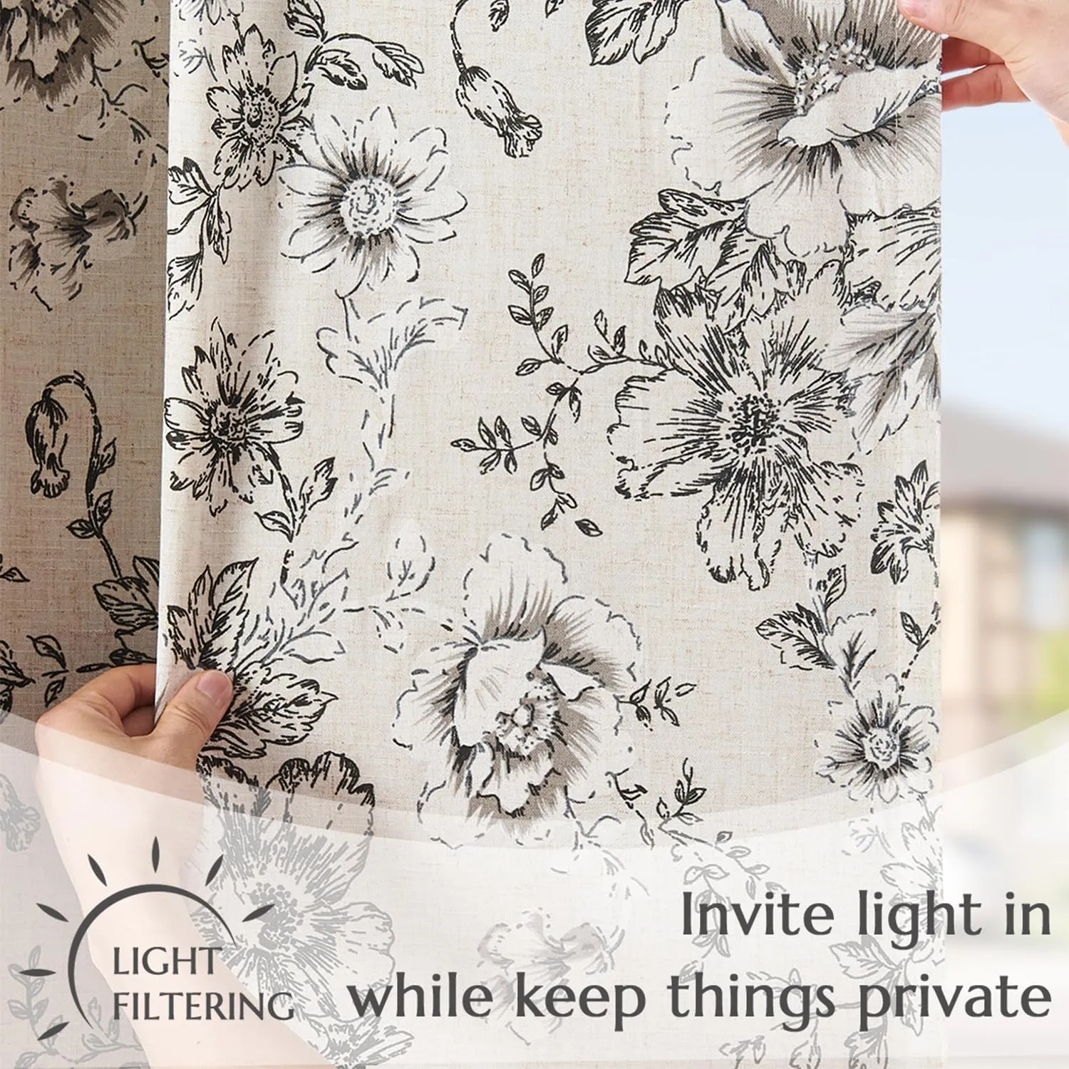 jinchan Tie Up Shade Valance Curtain Linen Floral for Kitchen Window Living Room Cafe Farmhouse Light Filtering Rustic French Retro Country Curtain Over Sink 45 Inch 1 Panel Black on Beige