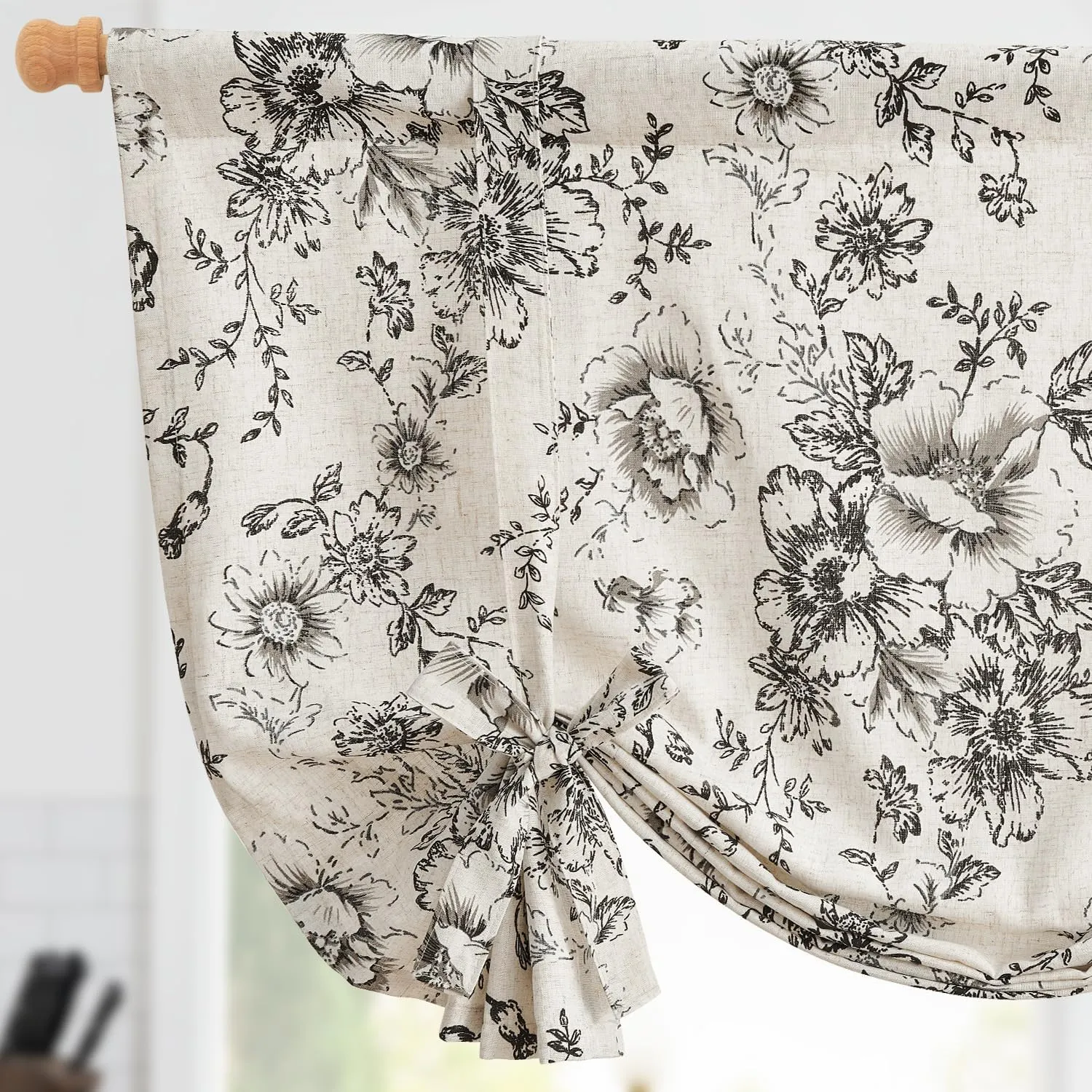 jinchan Tie Up Shade Valance Curtain Linen Floral for Kitchen Window Living Room Cafe Farmhouse Light Filtering Rustic French Retro Country Curtain Over Sink 45 Inch 1 Panel Black on Beige