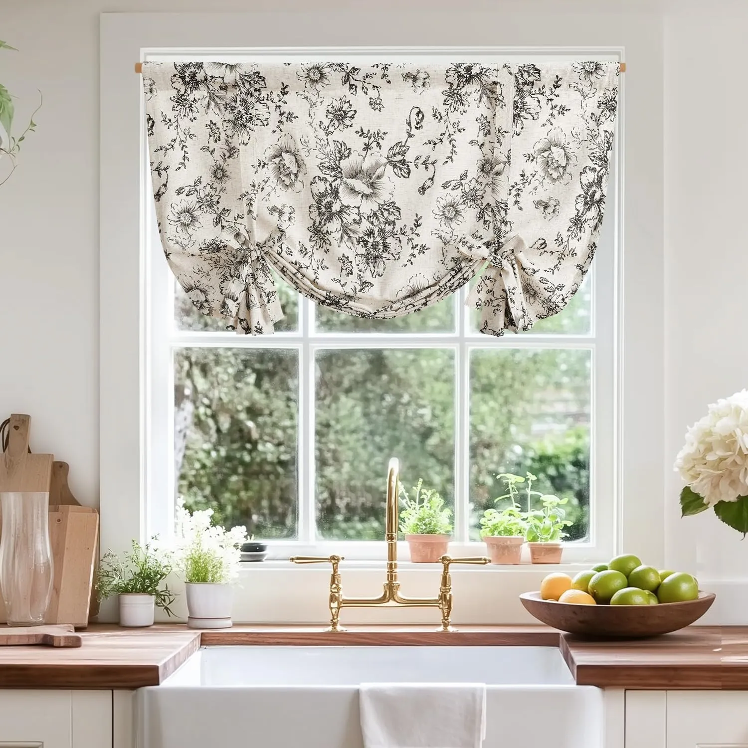 jinchan Tie Up Shade Valance Curtain Linen Floral for Kitchen Window Living Room Cafe Farmhouse Light Filtering Rustic French Retro Country Curtain Over Sink 45 Inch 1 Panel Black on Beige