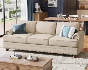 Jocisland 89 Inch Couch, 3 Seater Sofa with Rolled Arms, Modern Sofa with Nailhead Trim- Linen Beige Couch