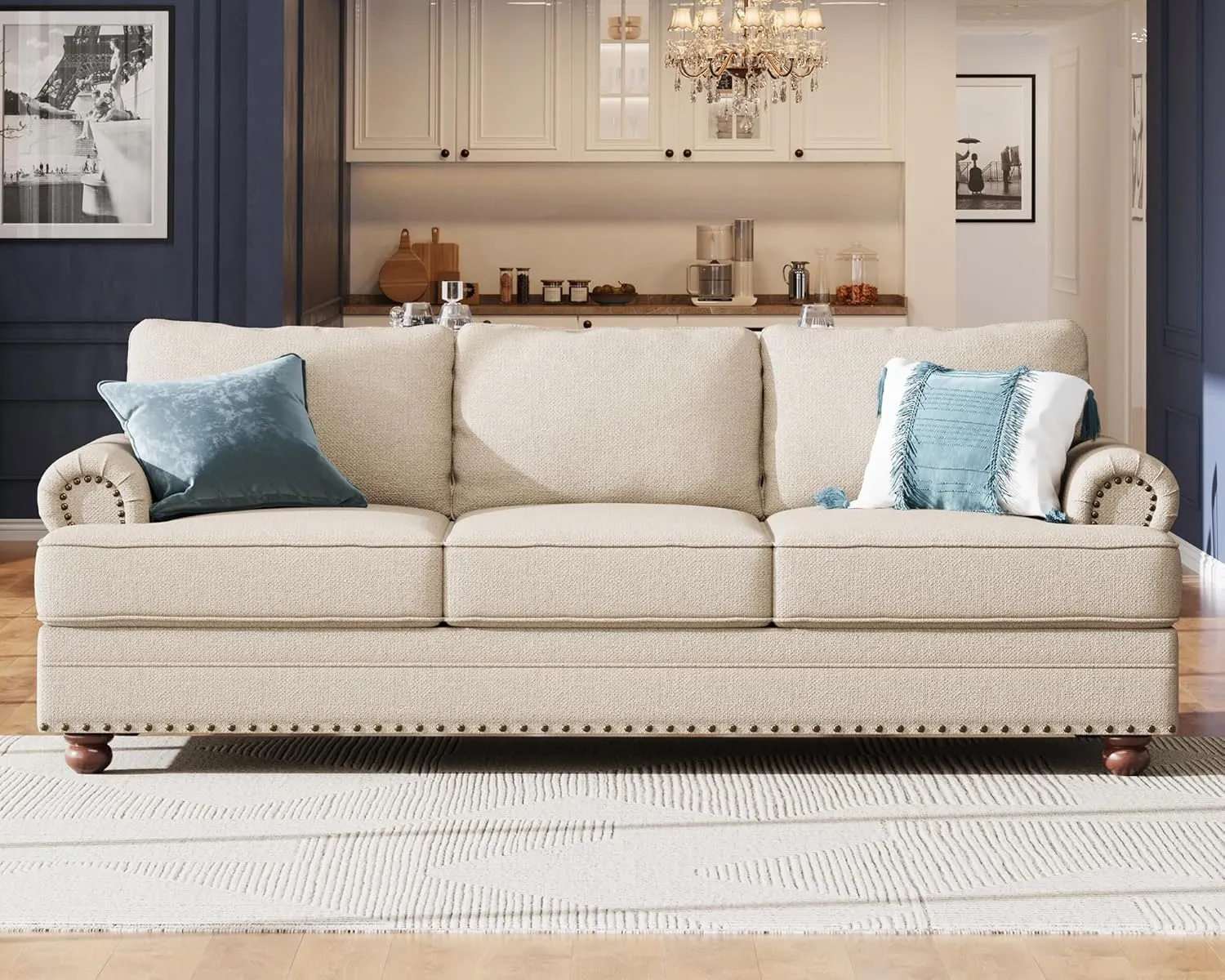 Jocisland 89 Inch Couch, 3 Seater Sofa with Rolled Arms, Modern Sofa with Nailhead Trim- Linen Beige Couch