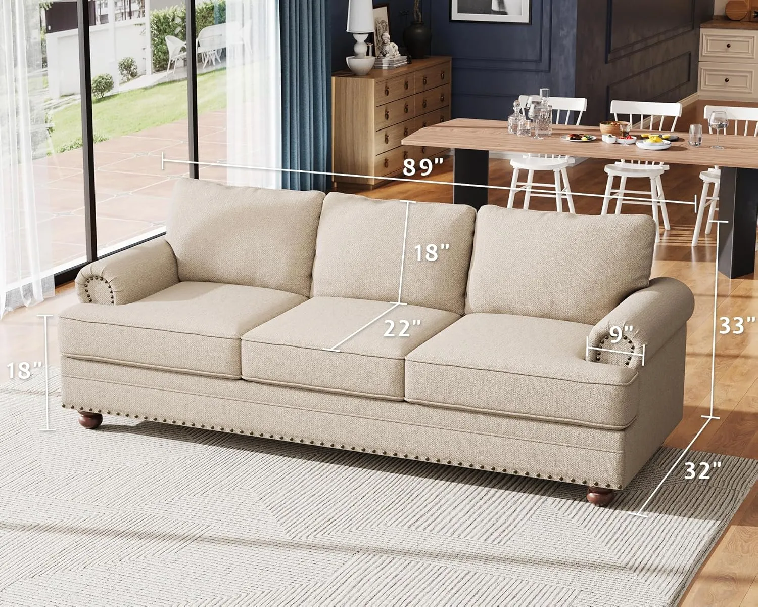 Jocisland 89 Inch Couch, 3 Seater Sofa with Rolled Arms, Modern Sofa with Nailhead Trim- Linen Beige Couch