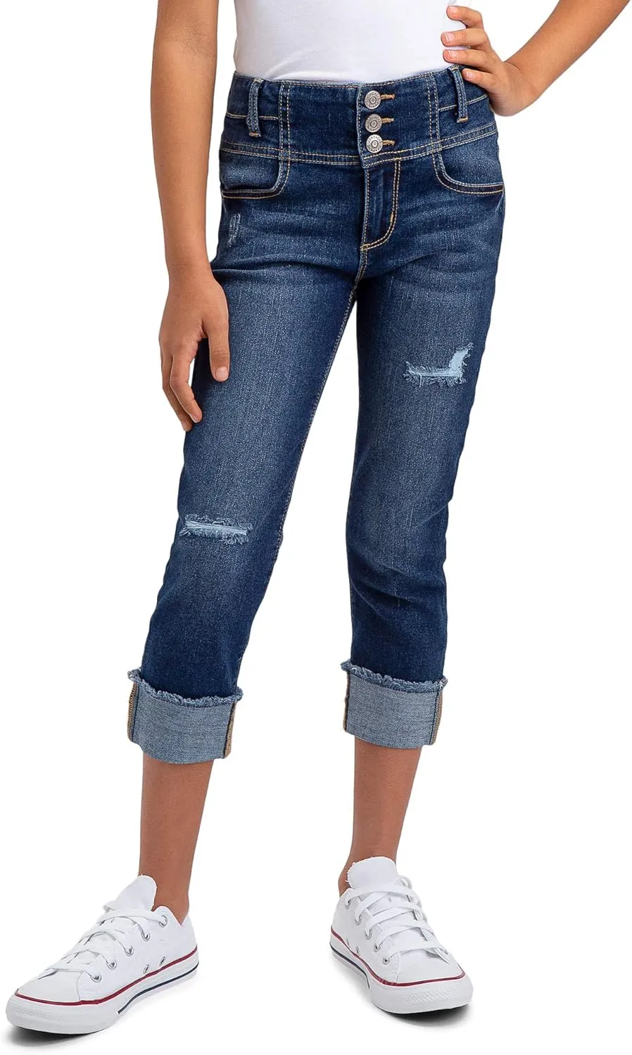 Jordache Girls Triple Stack High Waist Roll Cuff Crop Premium Denim Jean (Dark Enzyme Wash)