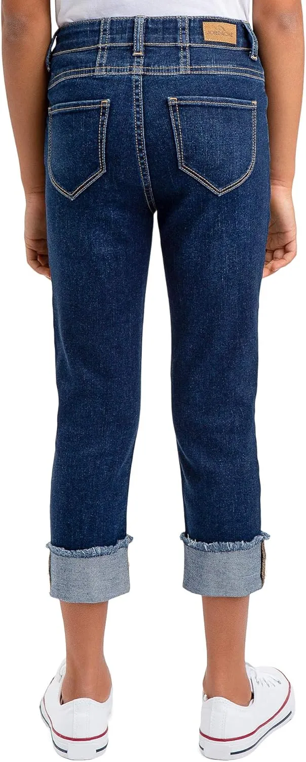 Jordache Girls Triple Stack High Waist Roll Cuff Crop Premium Denim Jean (Dark Enzyme Wash)